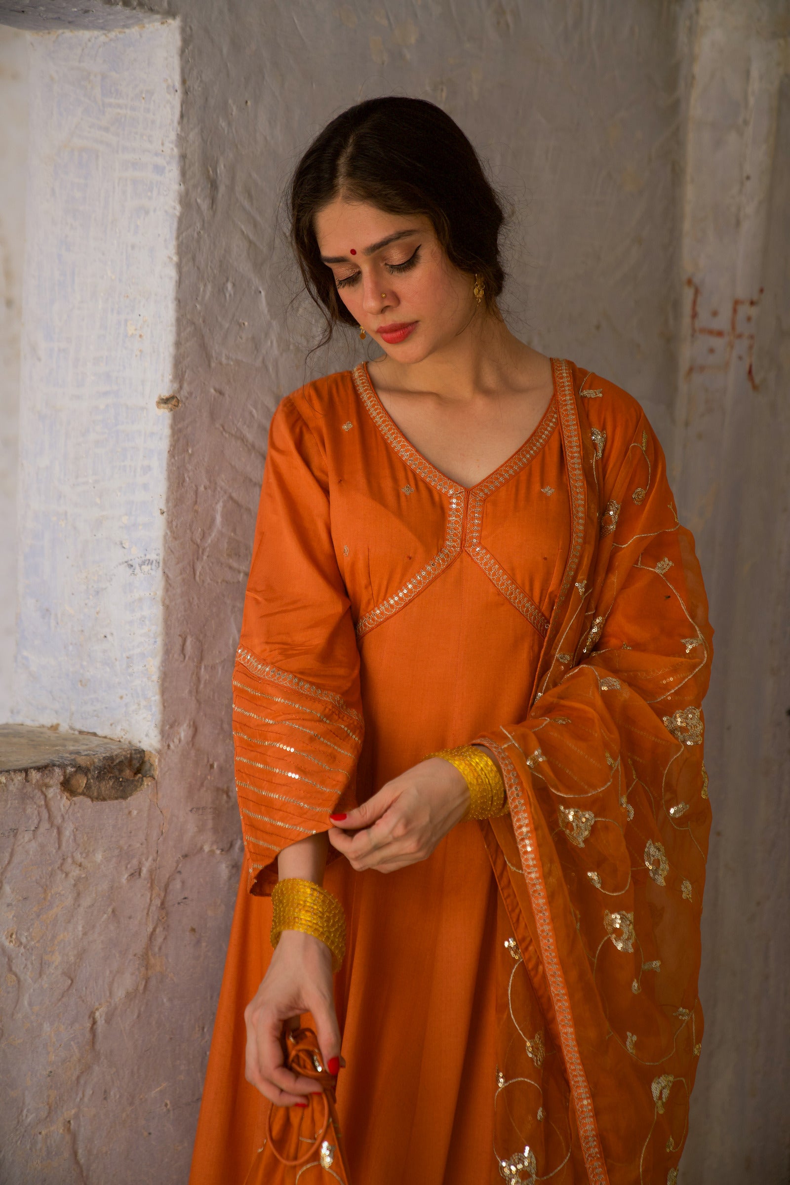 Ankahee Orange Festive Embroidered Anarkali Set