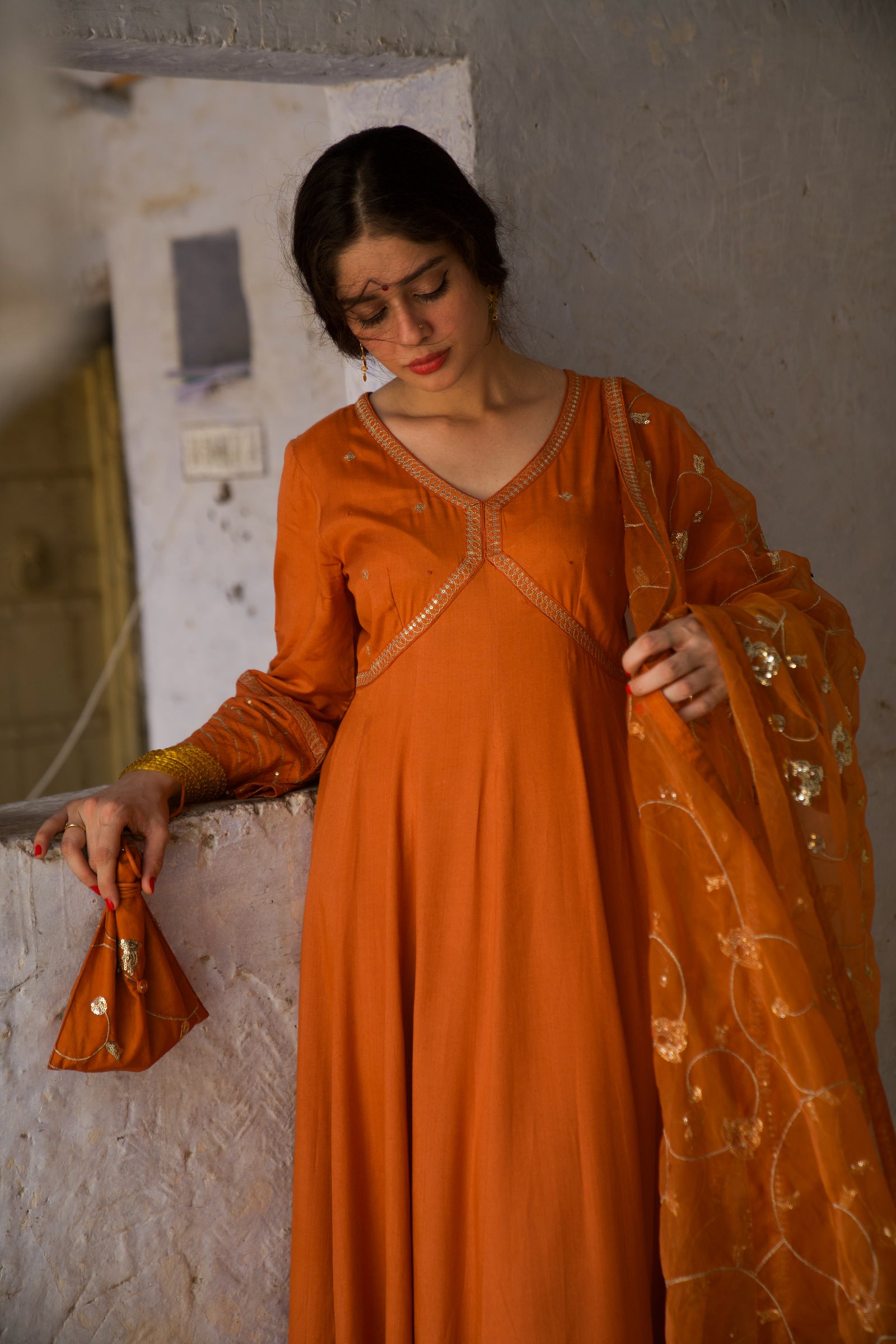 Ankahee Orange Festive Embroidered Anarkali Set