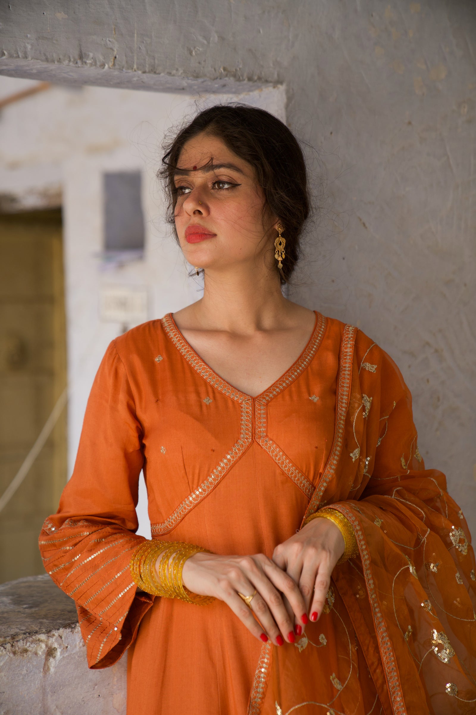 Ankahee Orange Festive Embroidered Anarkali Set