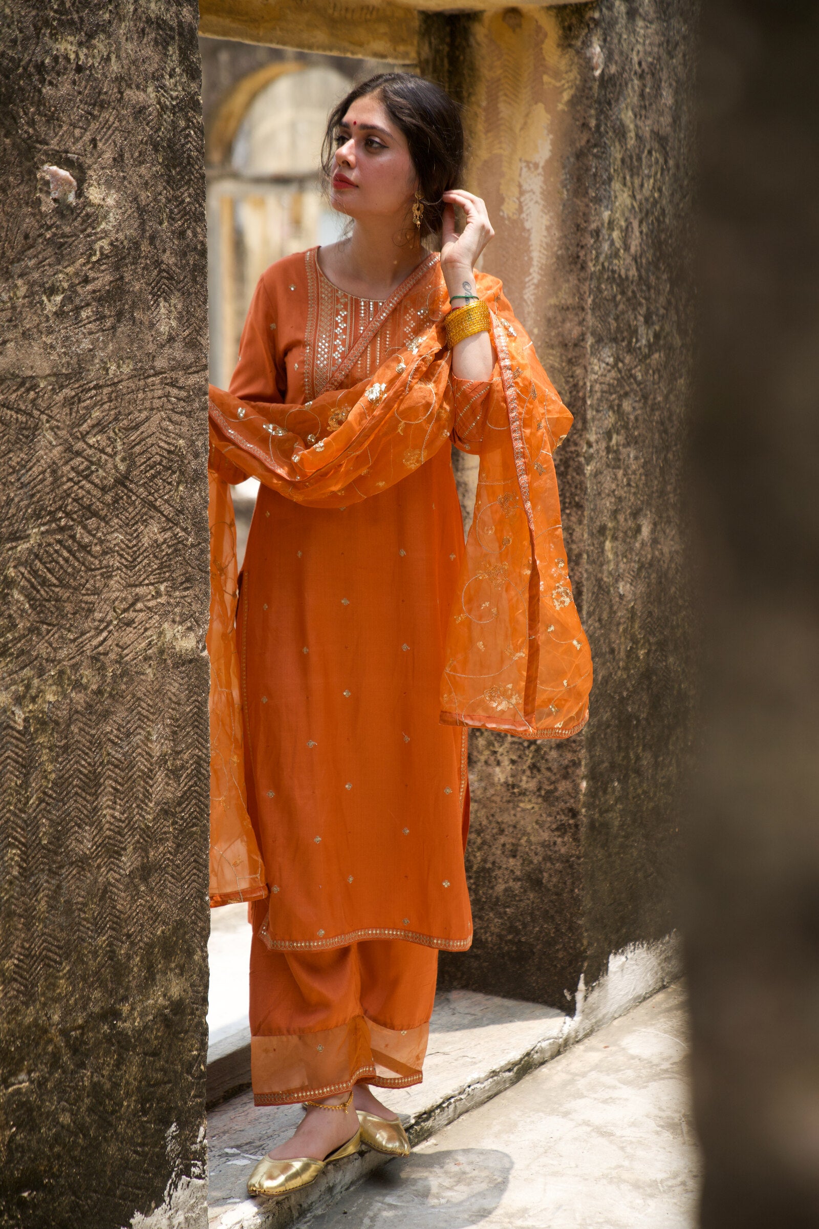 Adbhut Orange Festive Embroidered Kurta Set