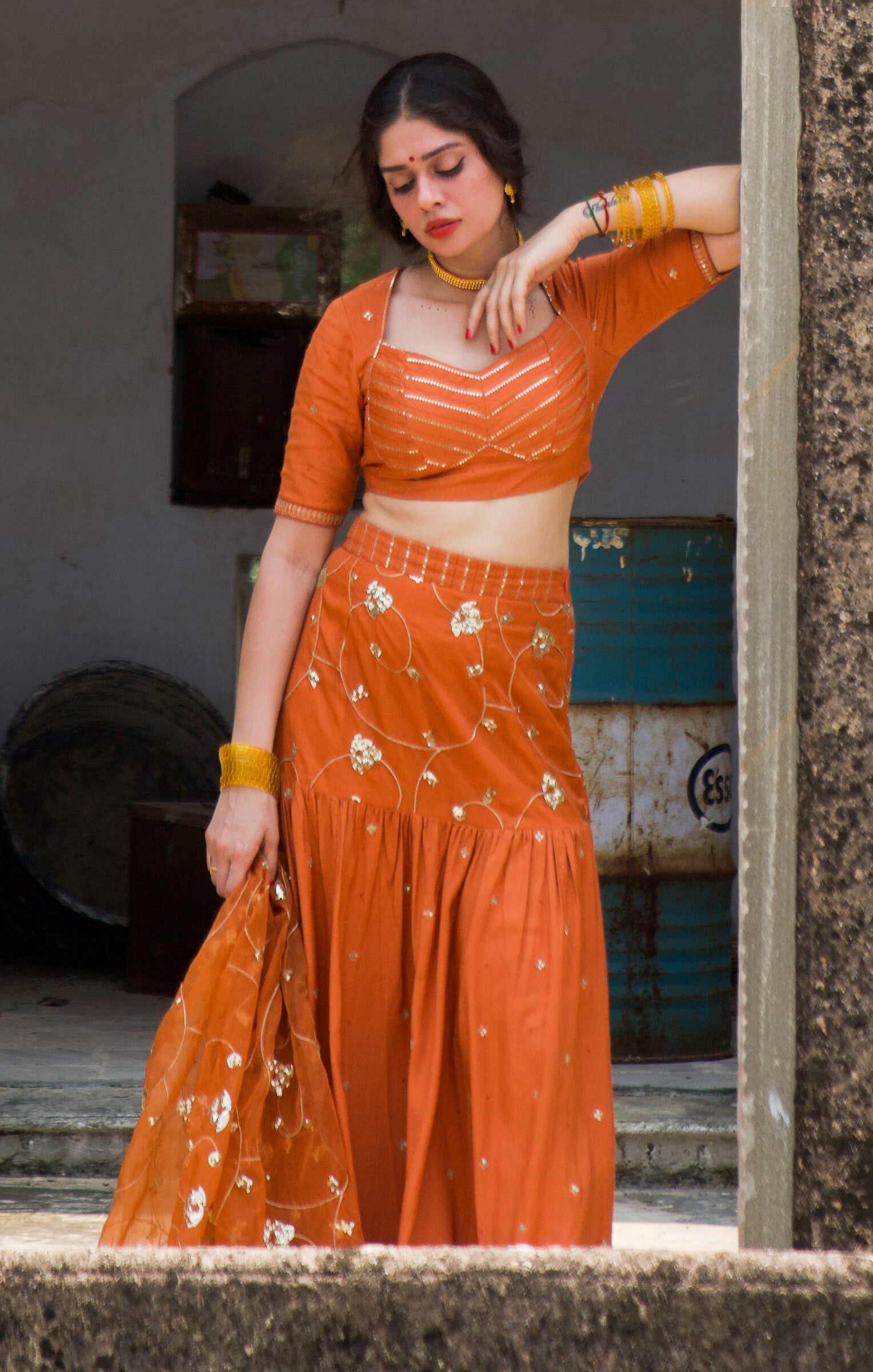 Bhramit Orange Festive Embroidered Lehenga Set