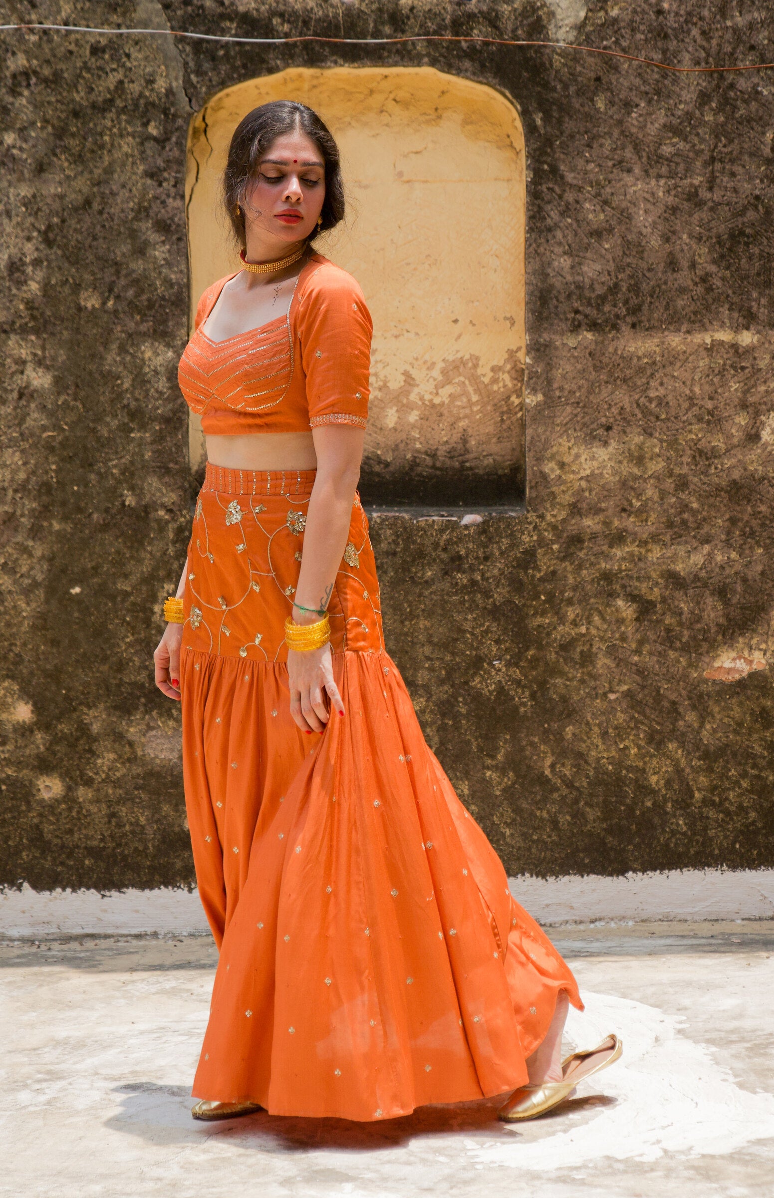 Bhramit Orange Festive Embroidered Lehenga Set