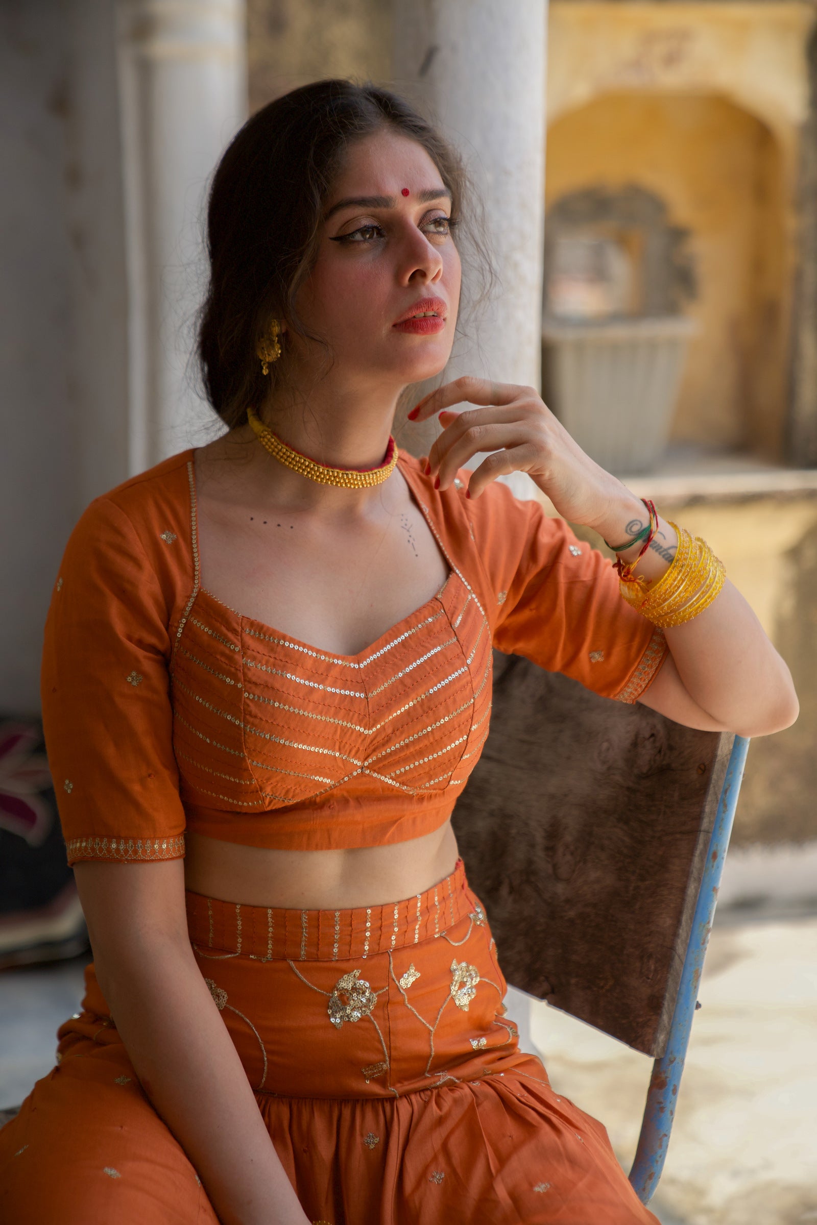 Bhramit Orange Festive Embroidered Lehenga Set