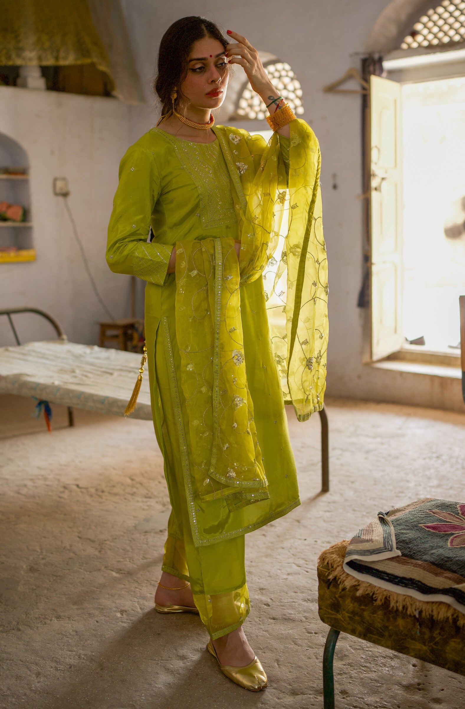 Aaina Light Green Festive Embroidered Kurta Set