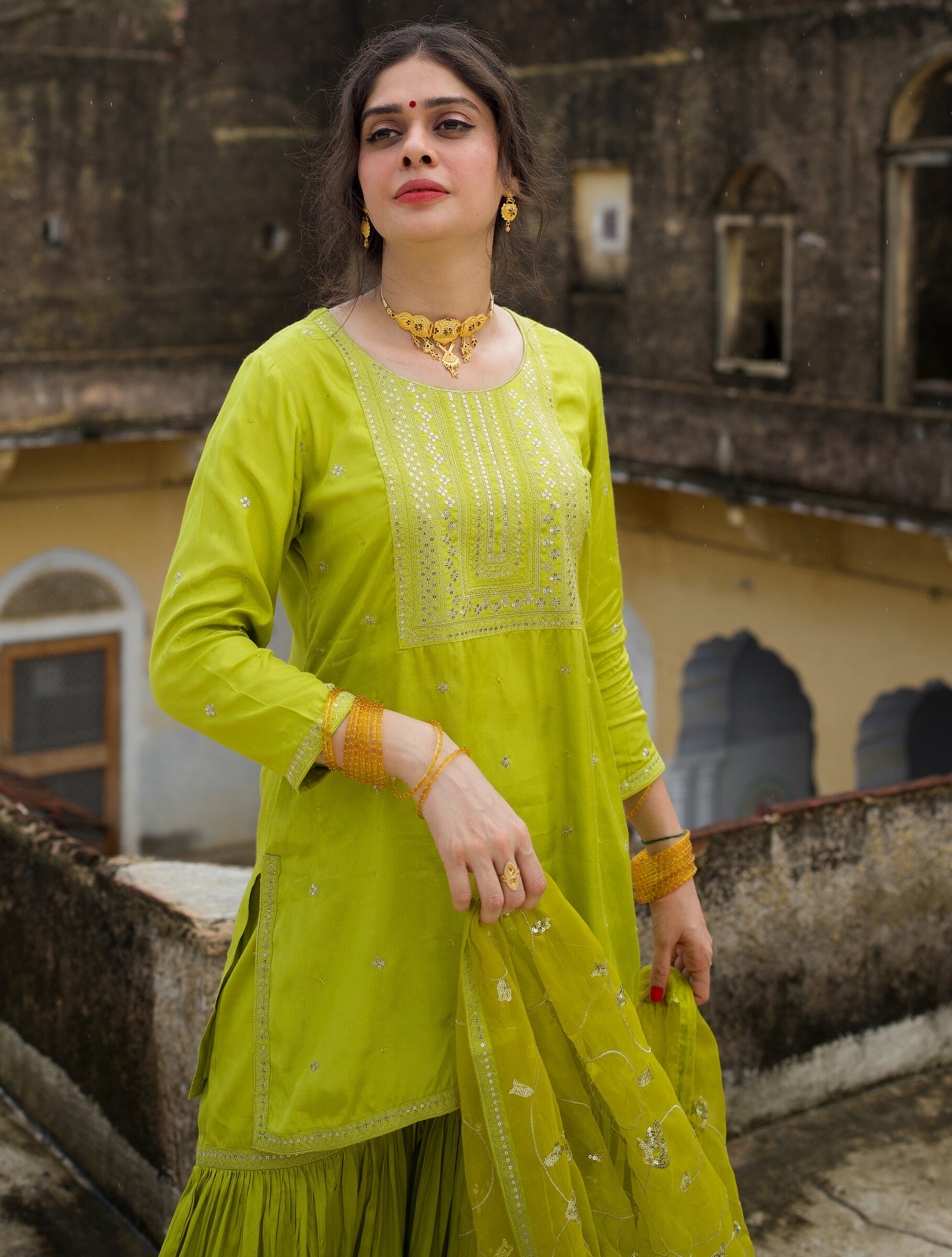 Alokik Light Green Festive Embroidered Gharara Set