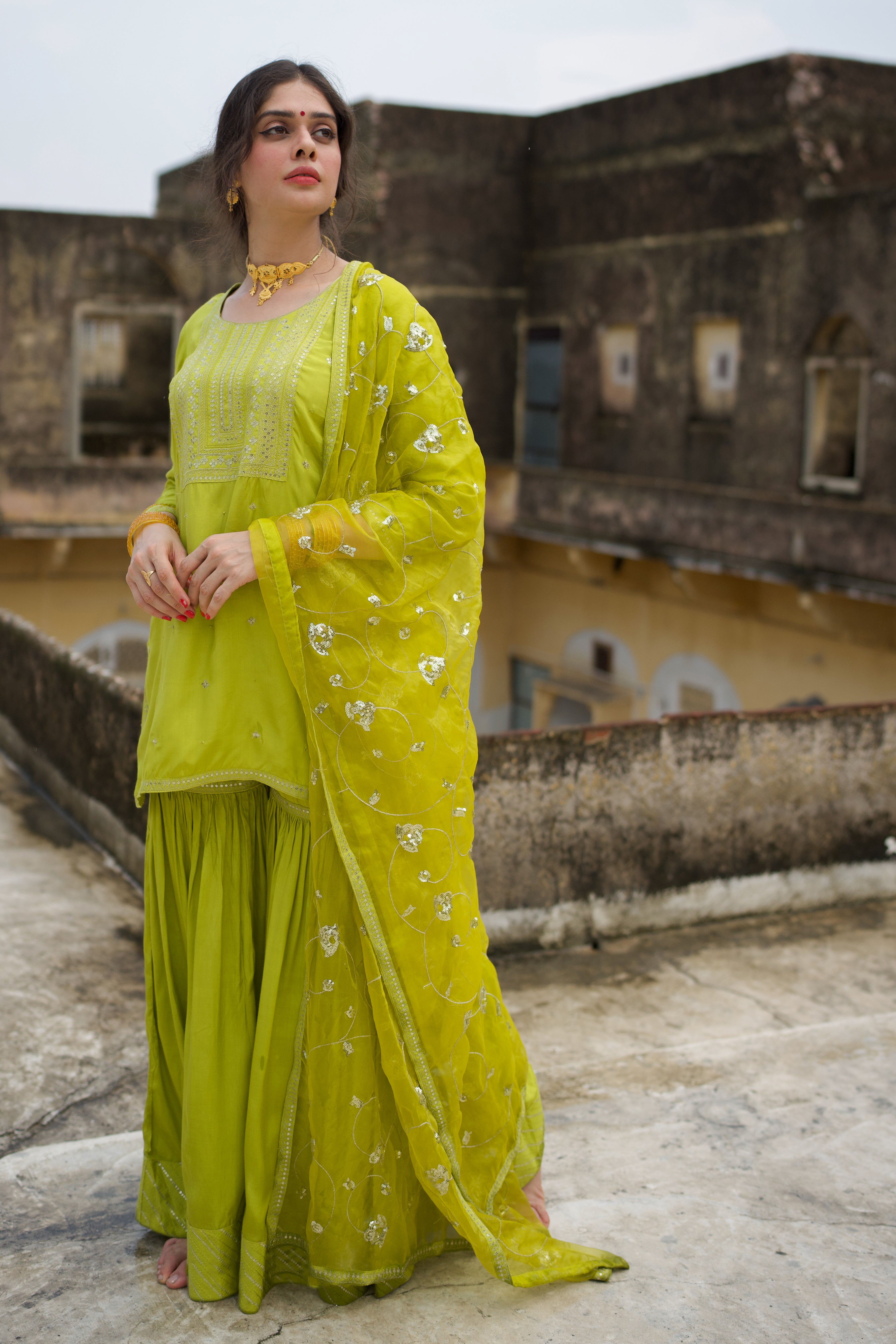 Alokik Light Green Festive Embroidered Gharara Set