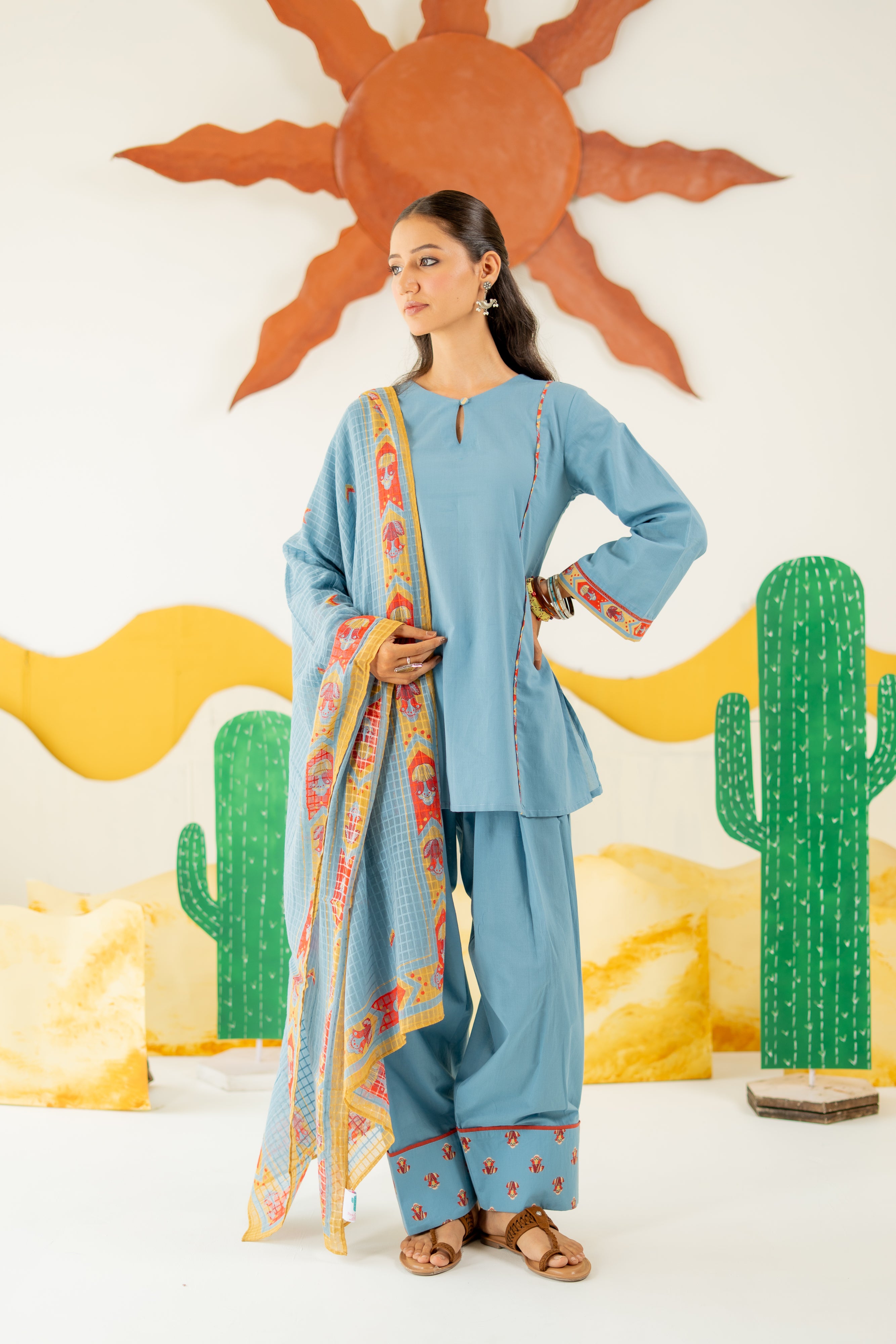 HERITAGE BLUE MAYARA KURTA AND FARSI SALWAR SET OF 3