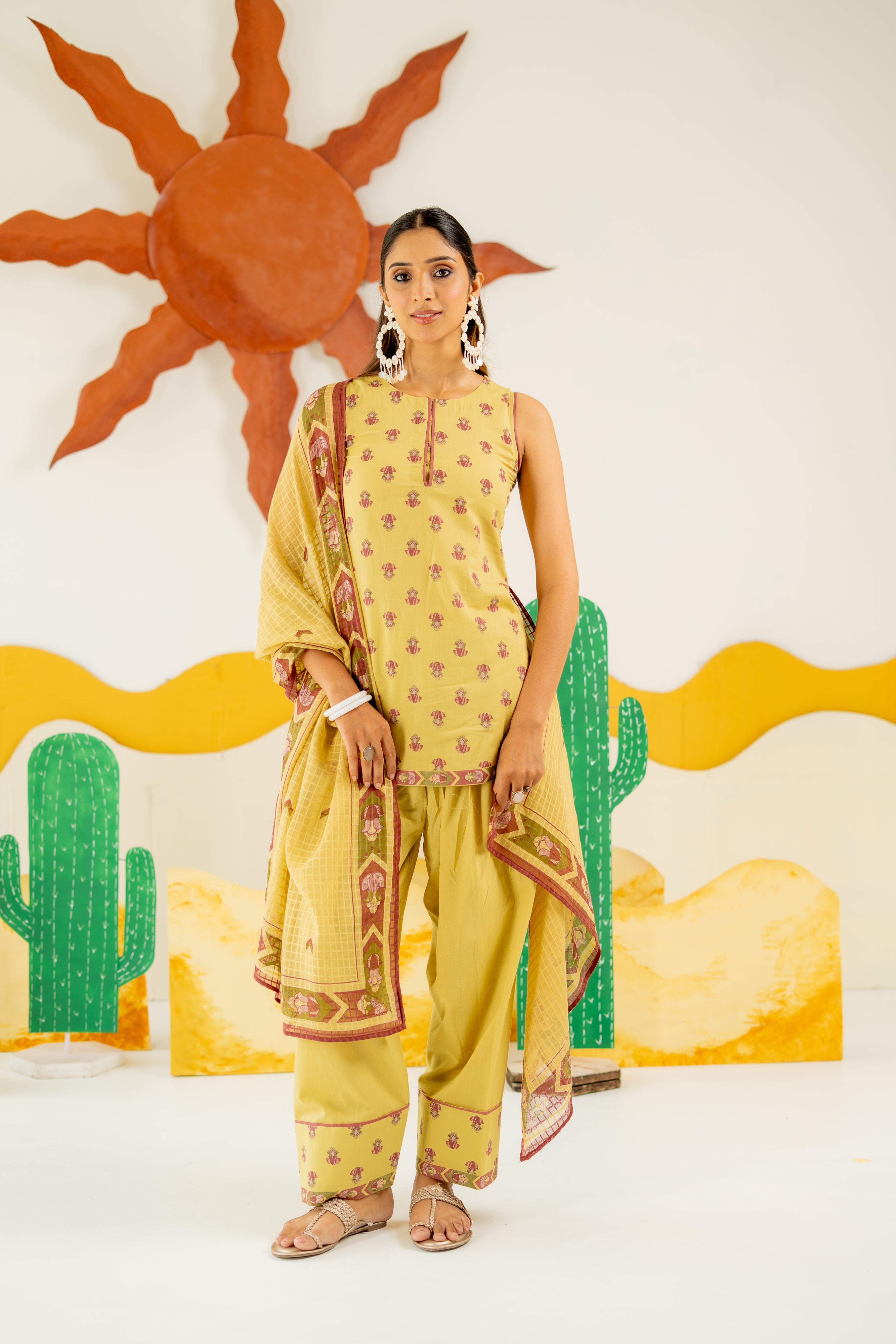 WARM OLIVE KAIRA KURTA AND FARSI SALWAR SET OF 3