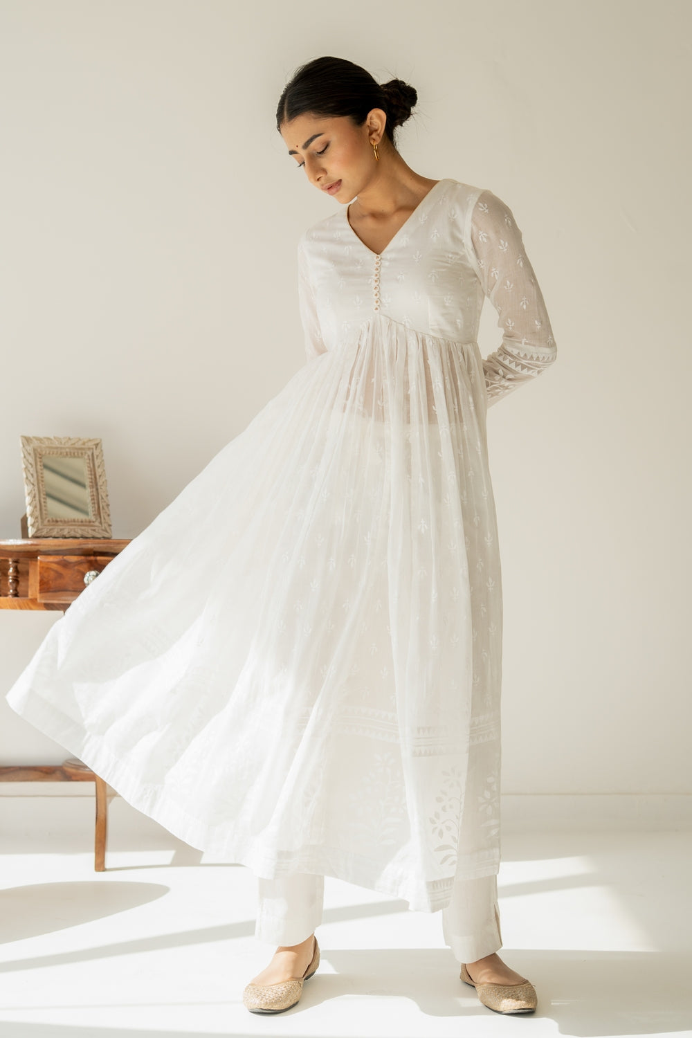 long sleeve anarkali dress Khwabeeda All White Full Sleeves Anarkali Set (RTS)