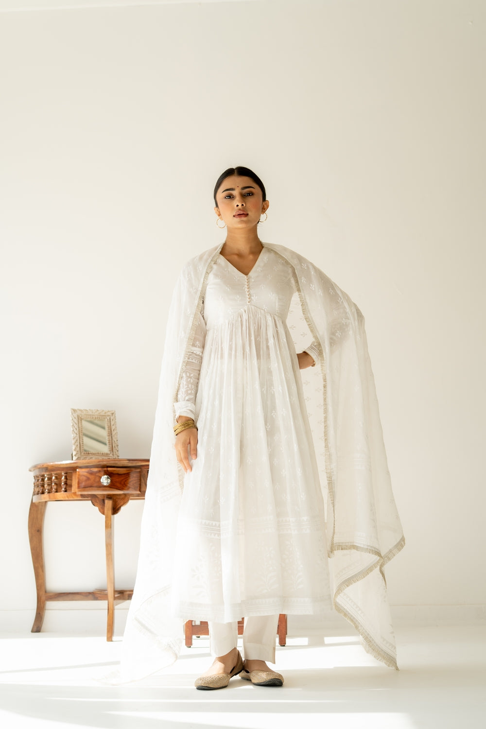 Khwabeeda All White Full Sleeves Anarkali Set (RTS)