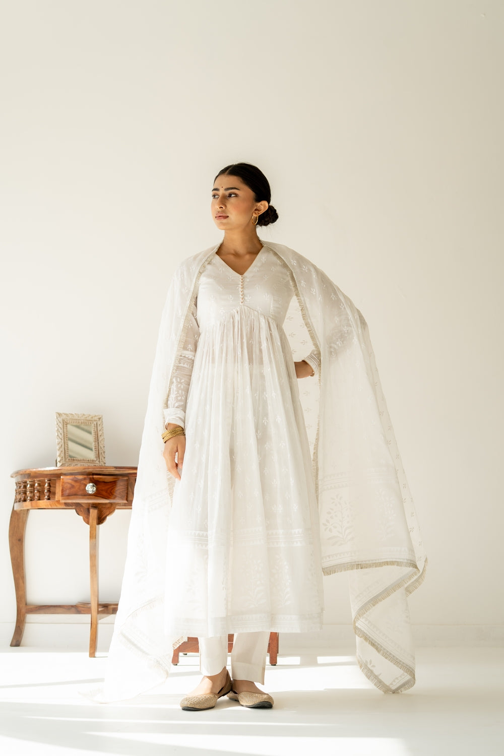 Khwabeeda All White Full Sleeves Anarkali Set (RTS)