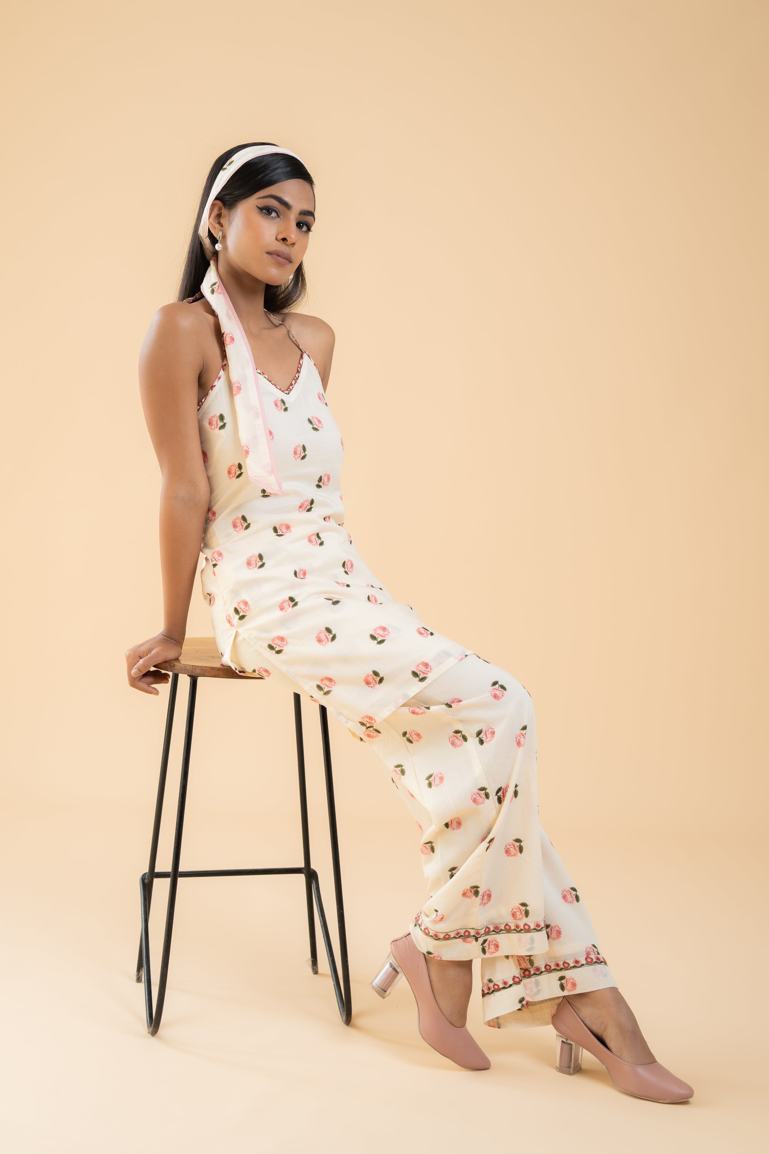 OFF WHITE GULAB HALTER NECK KURTA SET OF 2