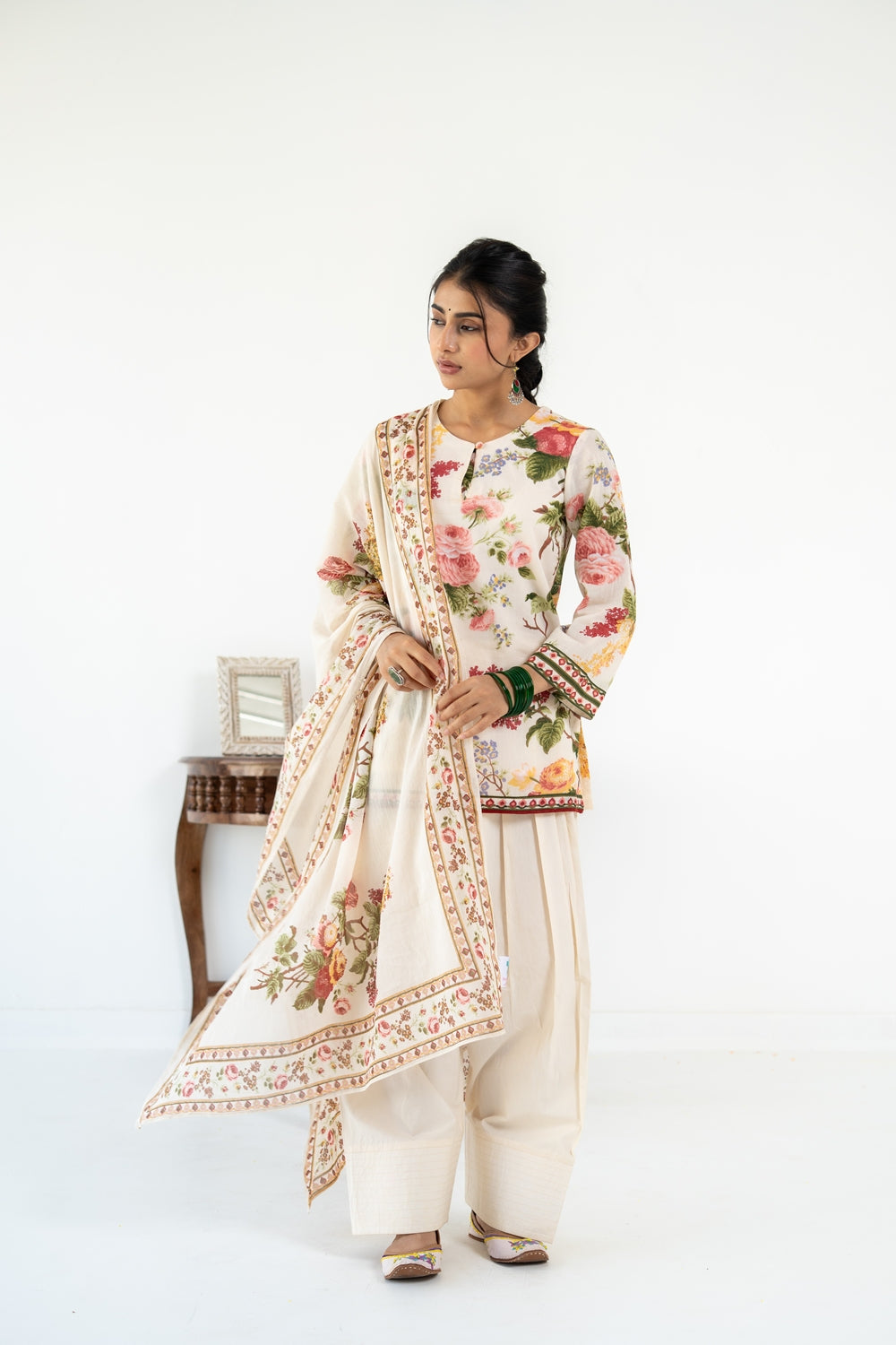 OFF WHITE  NEHER KURTA WITH FARSI SALWAR  SET OF 3