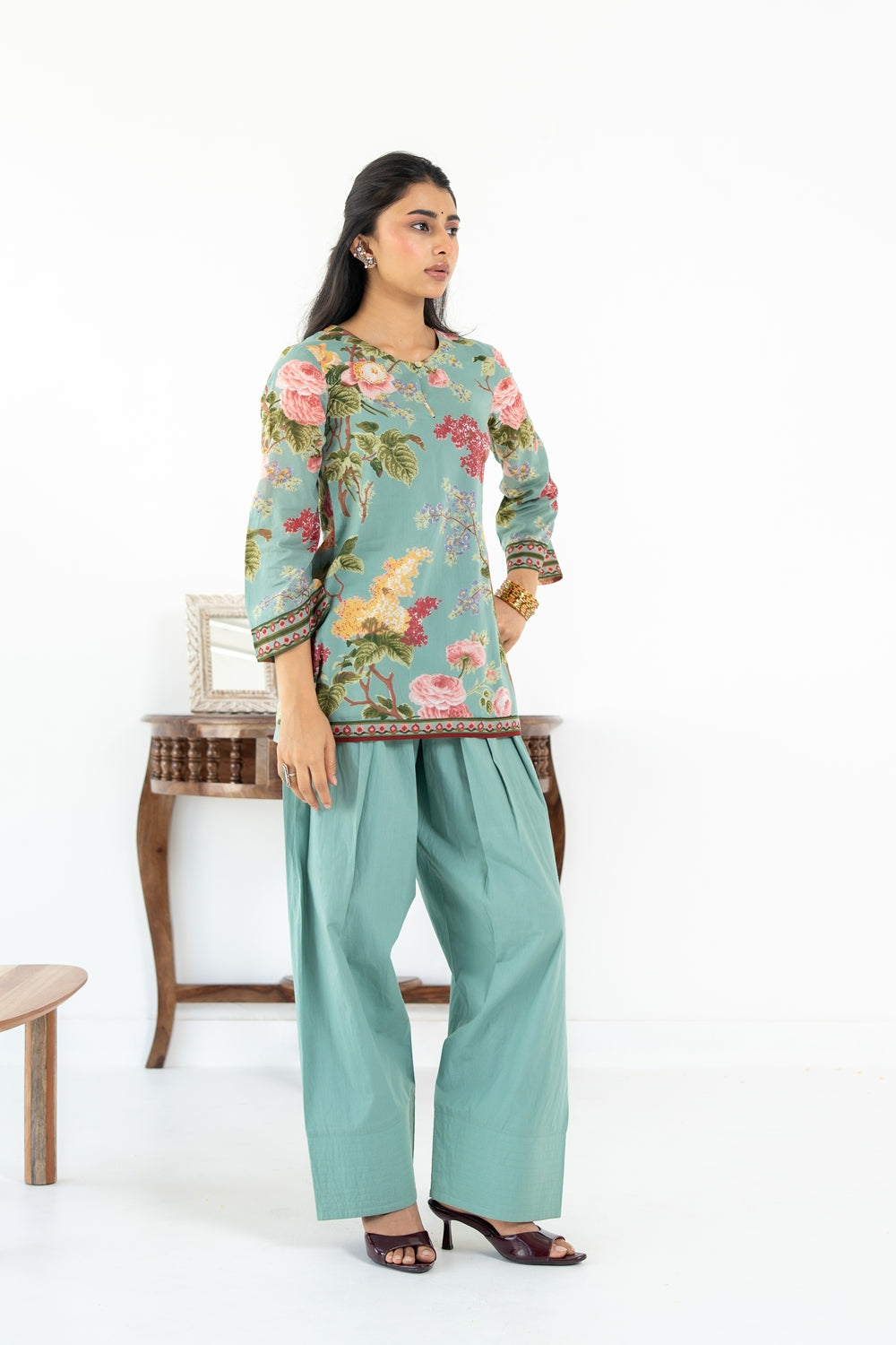 SAGE GREEN NEHER  KURTA WITH FARSI SALWAR  SET OF 3