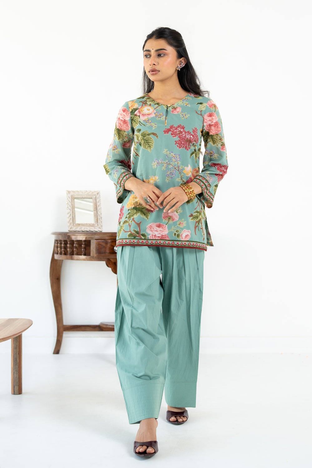 SAGE GREEN NEHER  KURTA WITH FARSI SALWAR  SET OF 3