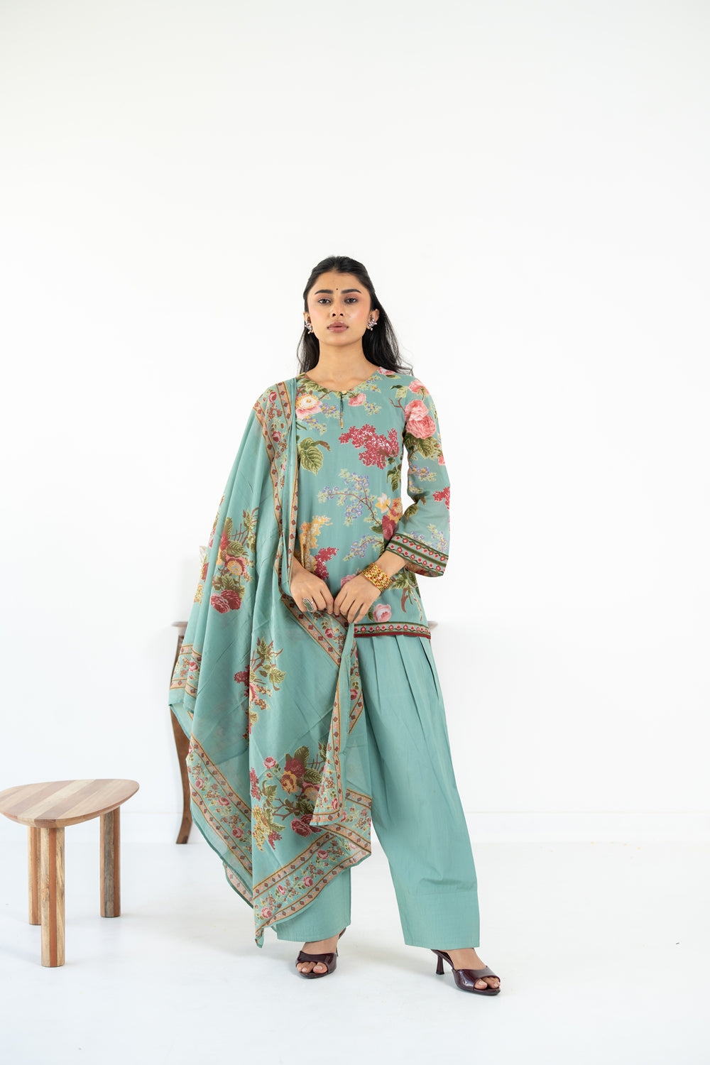 SAGE GREEN NEHER  KURTA WITH FARSI SALWAR  SET OF 3