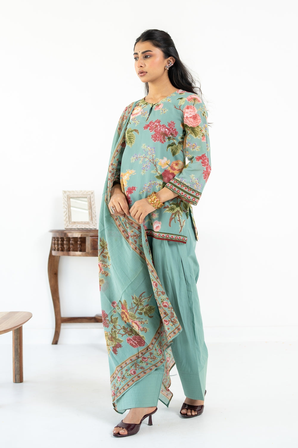 SAGE GREEN NEHER  KURTA WITH FARSI SALWAR  SET OF 3