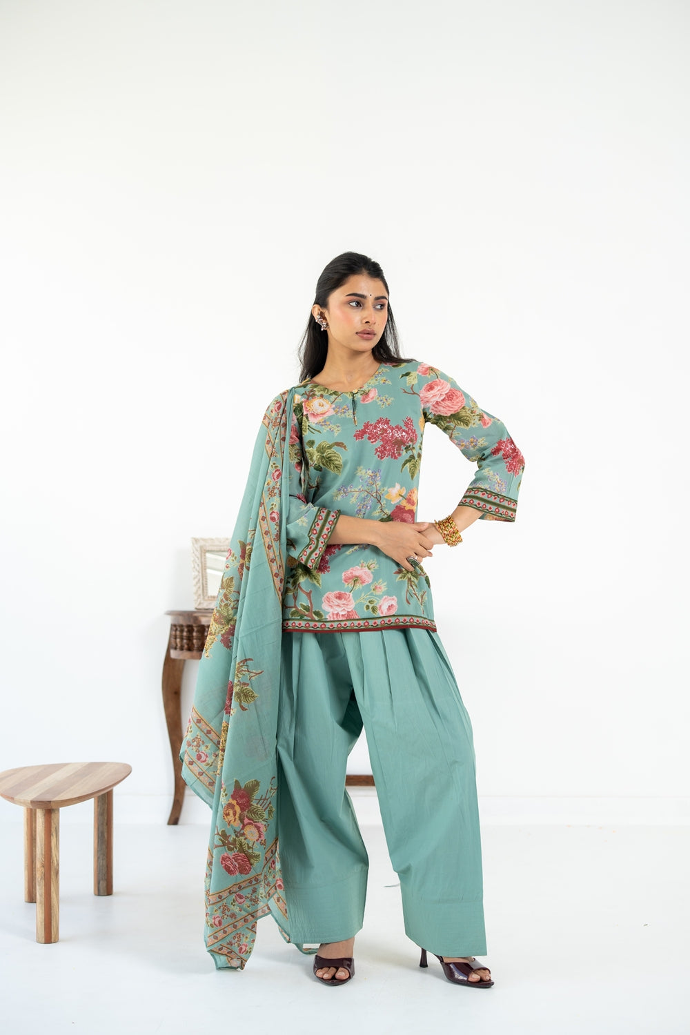 SAGE GREEN NEHER  KURTA WITH FARSI SALWAR  SET OF 3