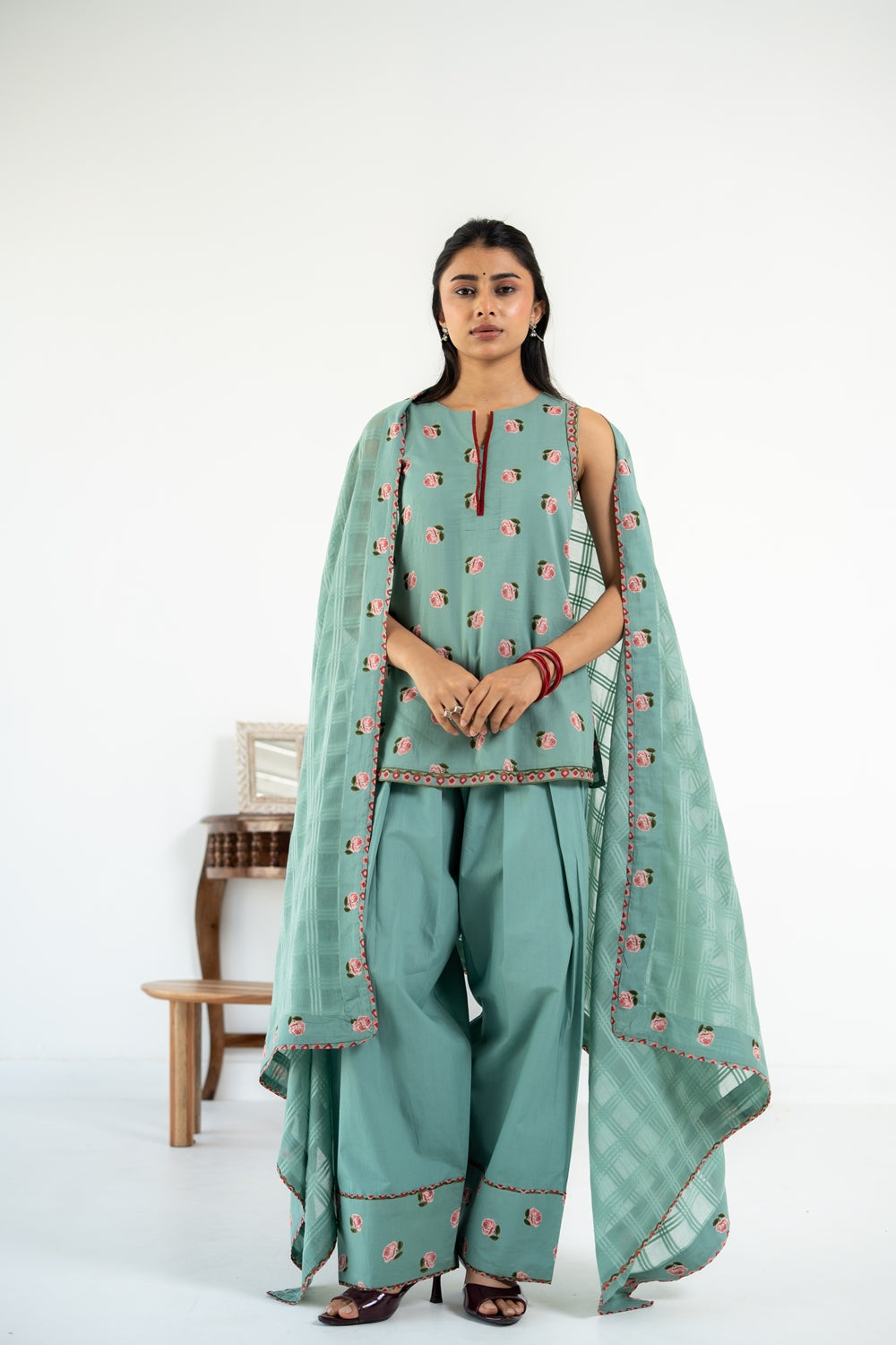 SAGE GREEN ROOH KURTA WITH FARSI SALWAR  SET OF 3