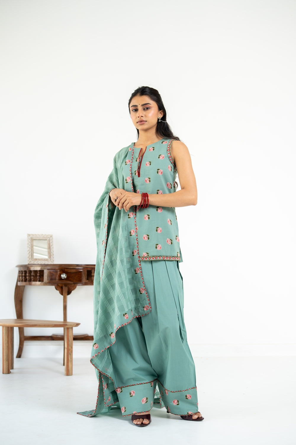 SAGE GREEN ROOH KURTA WITH FARSI SALWAR  SET OF 3
