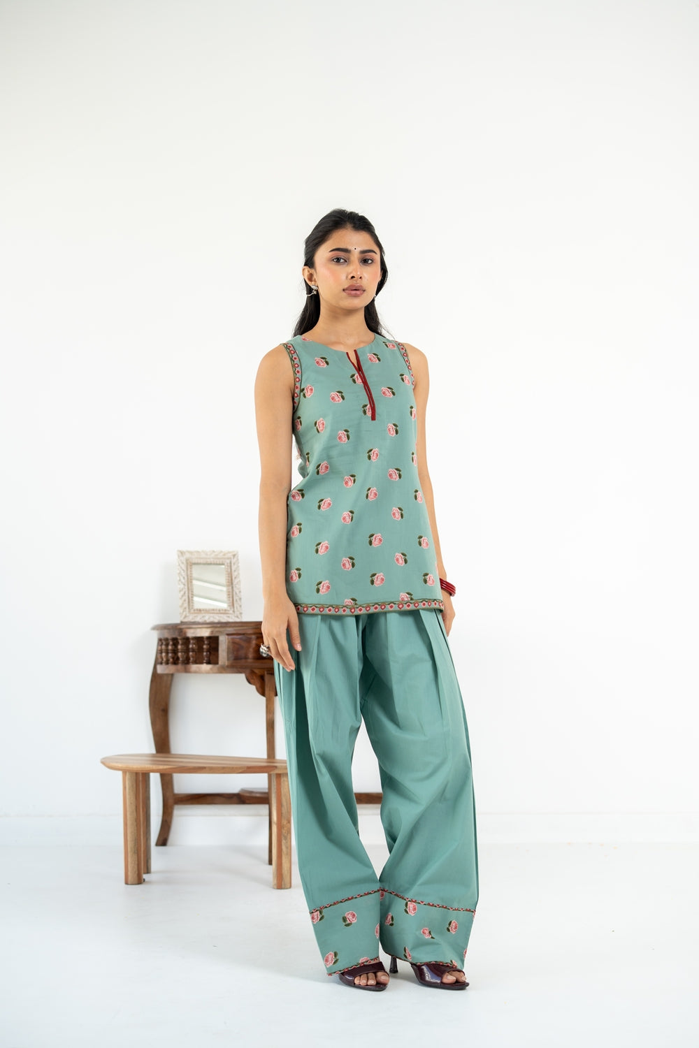 SAGE GREEN ROOH KURTA WITH FARSI SALWAR  SET OF 3
