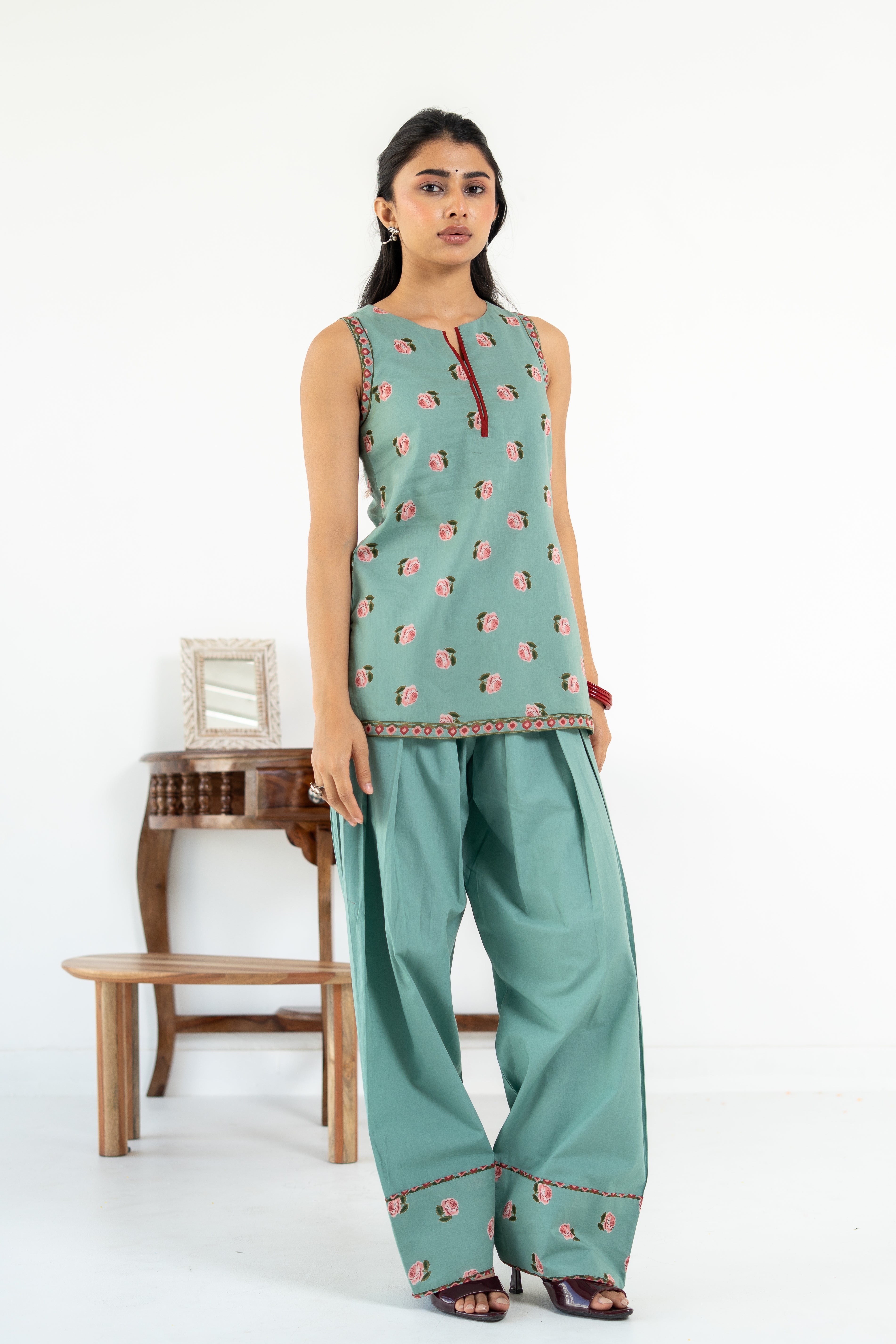 SAGE GREEN ROOH KURTA WITH FARSI SALWAR  SET OF 3
