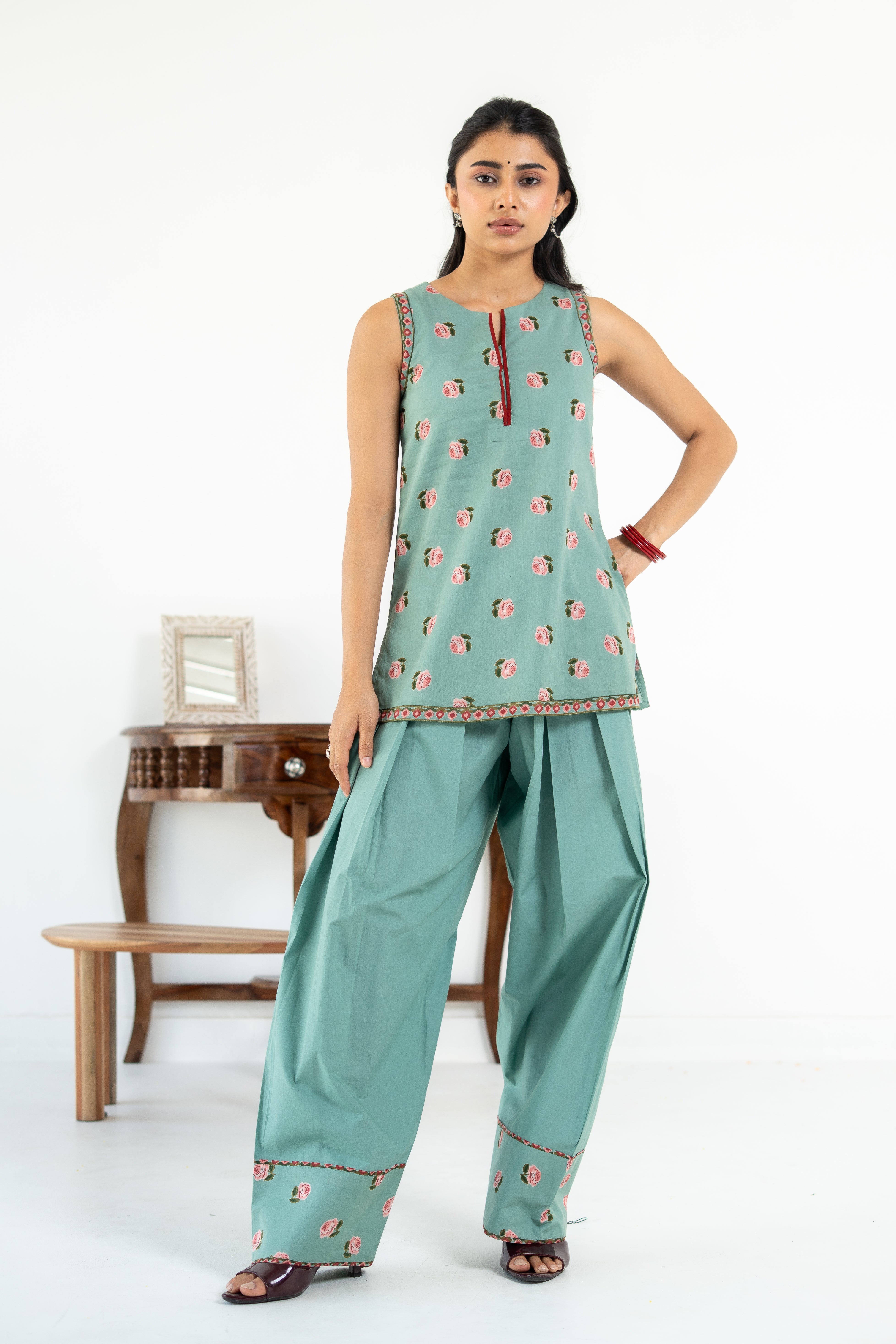 SAGE GREEN ROOH KURTA WITH FARSI SALWAR  SET OF 3