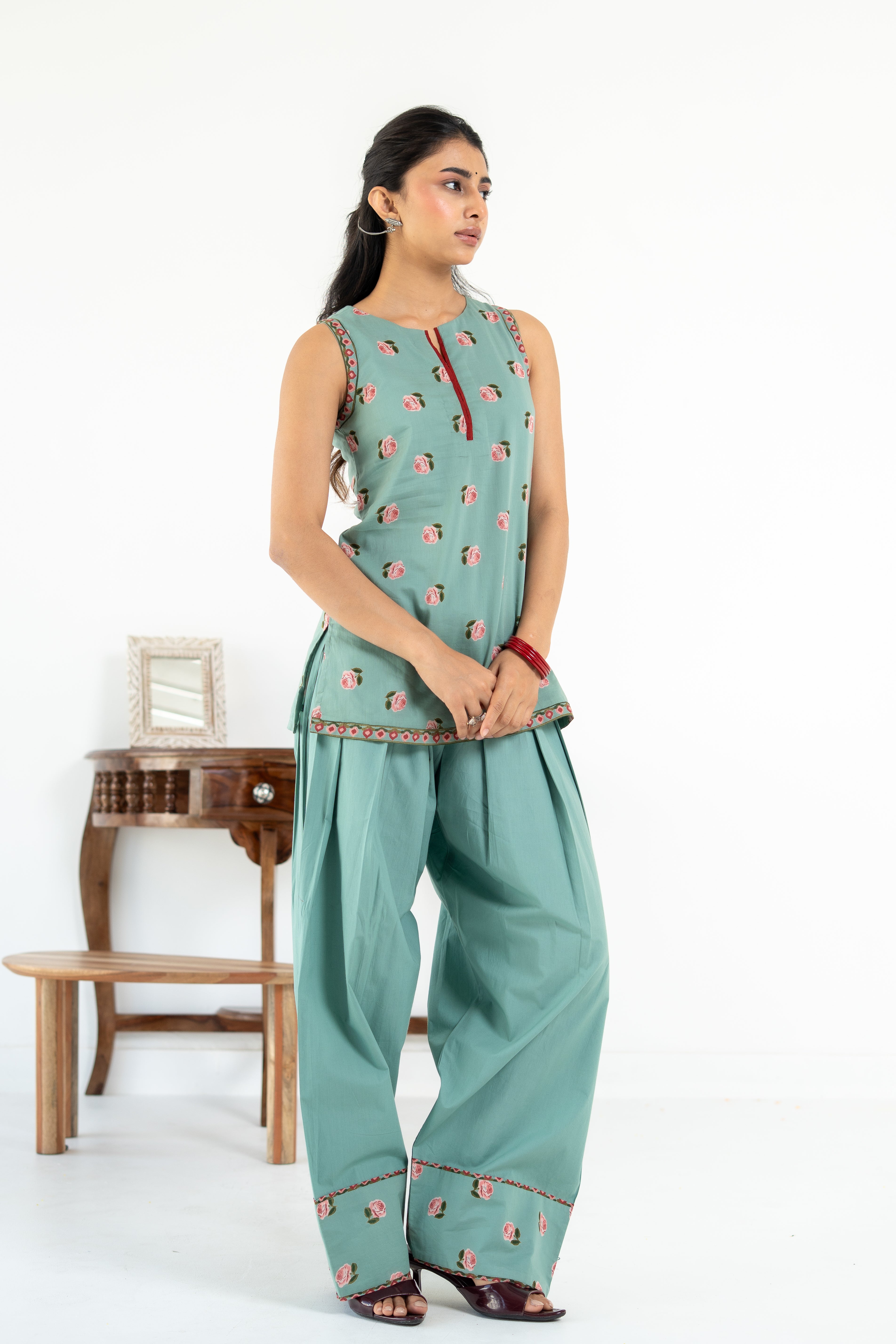 SAGE GREEN ROOH KURTA WITH FARSI SALWAR  SET OF 3