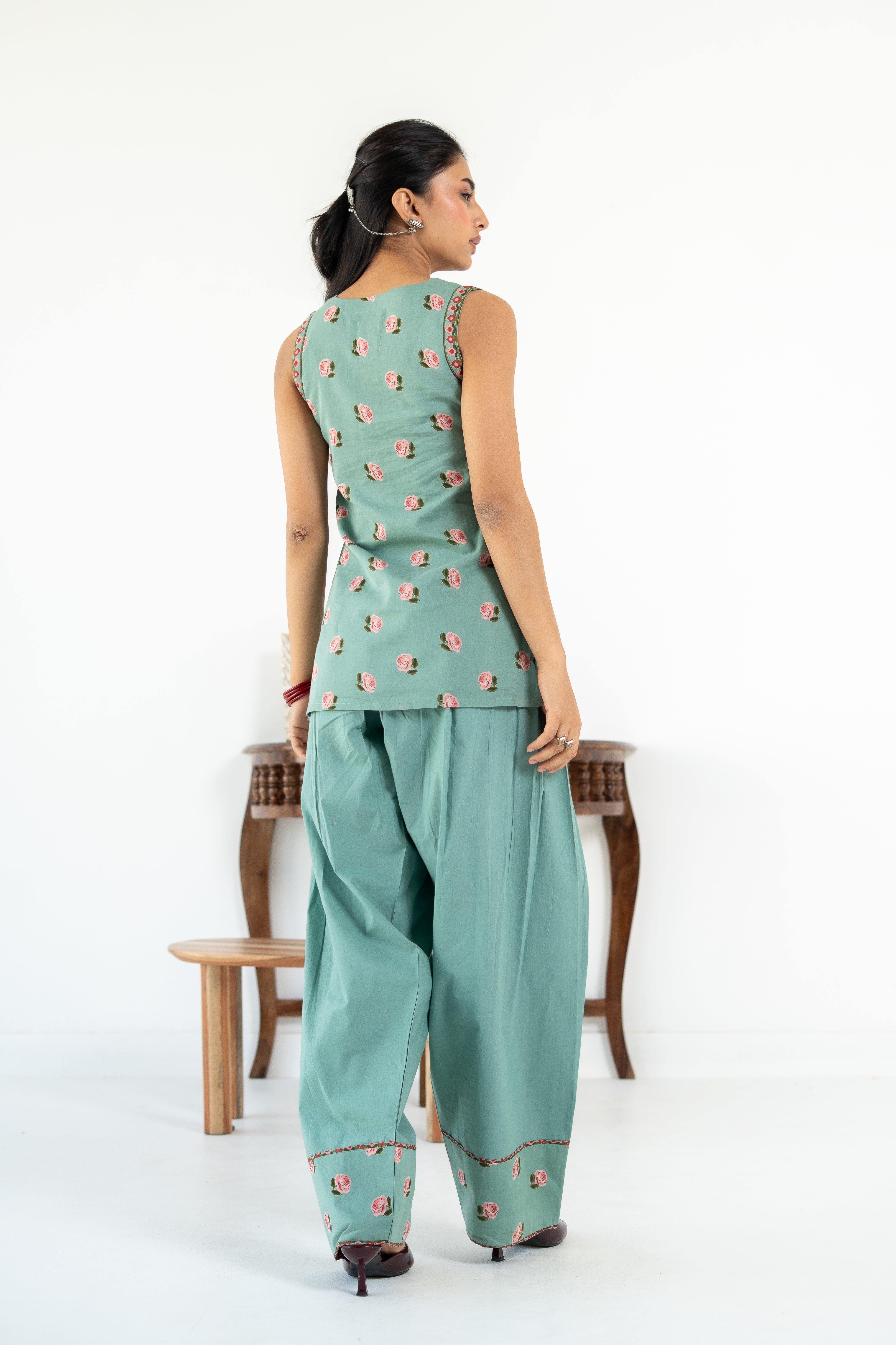 SAGE GREEN ROOH KURTA WITH FARSI SALWAR  SET OF 3