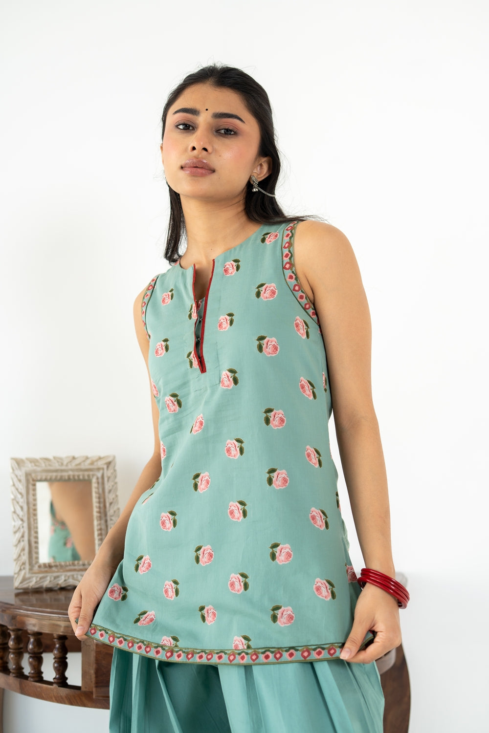 SAGE GREEN ROOH KURTA WITH FARSI SALWAR  SET OF 3