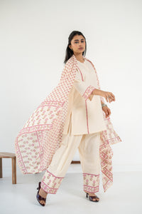 PINK AND OFF WHITE ZIVA KURTA WITH FARSI SALWAR SET OF 3
