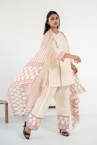 PINK AND OFF WHITE ZIVA KURTA WITH FARSI SALWAR SET OF 3