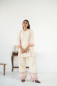 PINK AND OFF WHITE ZIVA KURTA WITH FARSI SALWAR SET OF 3