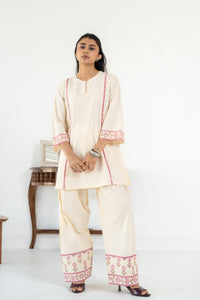PINK AND OFF WHITE ZIVA KURTA WITH FARSI SALWAR SET OF 3