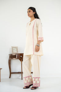 PINK AND OFF WHITE ZIVA KURTA WITH FARSI SALWAR SET OF 3