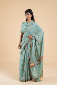 SAGE GREEN PHOOLWARI  SAREE WITH UNSTITCHED BLOUSE  PCS