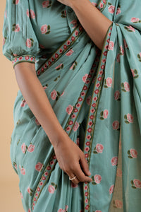 SAGE GREEN PHOOLWARI  SAREE WITH UNSTITCHED BLOUSE  PCS