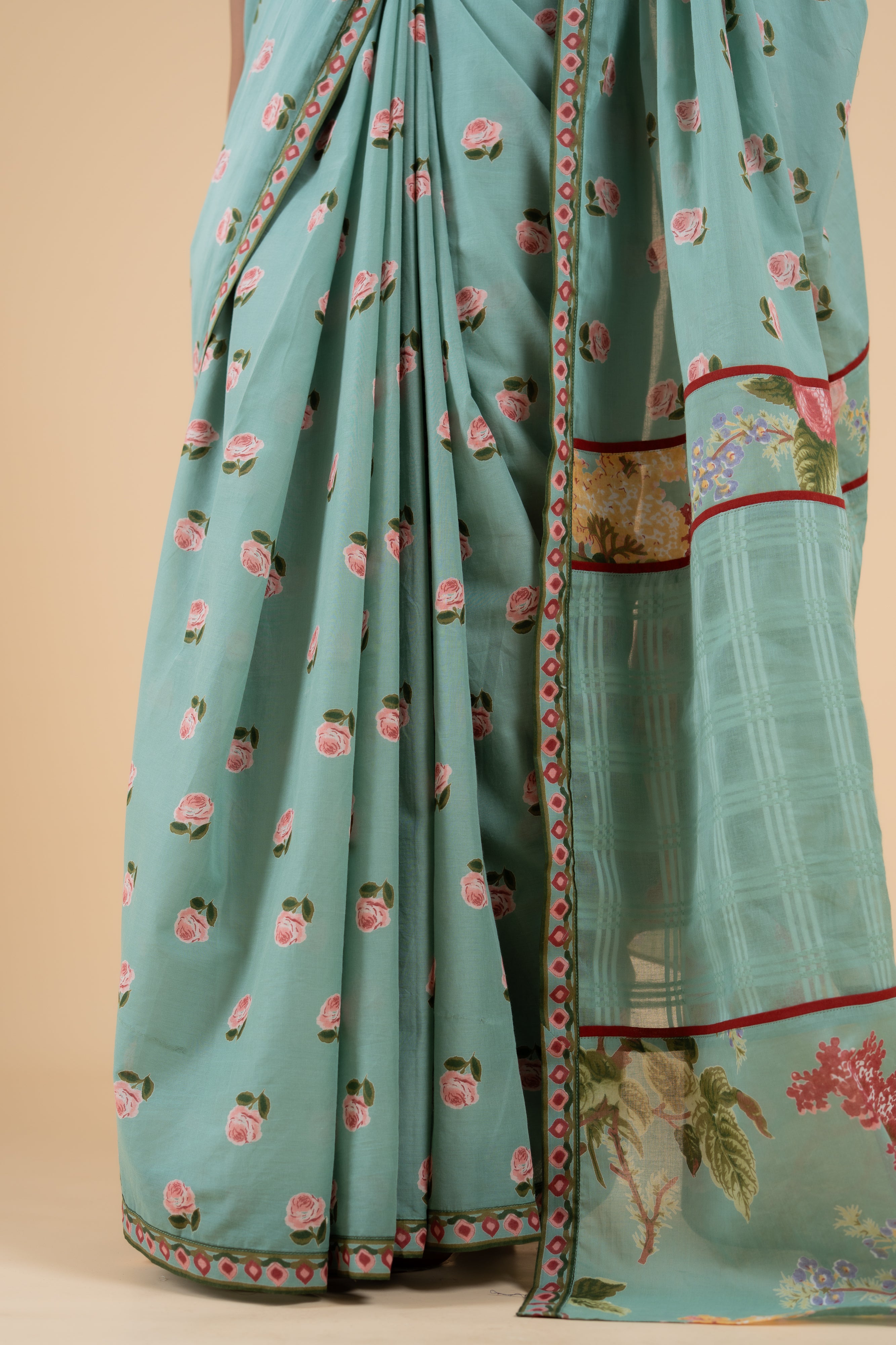 SAGE GREEN PHOOLWARI  SAREE WITH UNSTITCHED BLOUSE  PCS