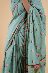 SAGE GREEN PHOOLWARI  SAREE WITH UNSTITCHED BLOUSE  PCS