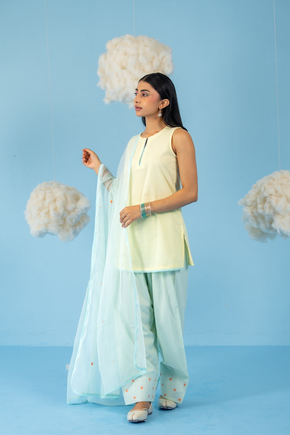 BUTTER YELLOW & MINT GREEN  MANGO MINT FARSI SALWAR SET OF 3
