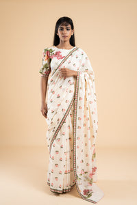 OFF WHITE GULABIYA SAREE WITH UNSTITCHED BLOUSE  PCS