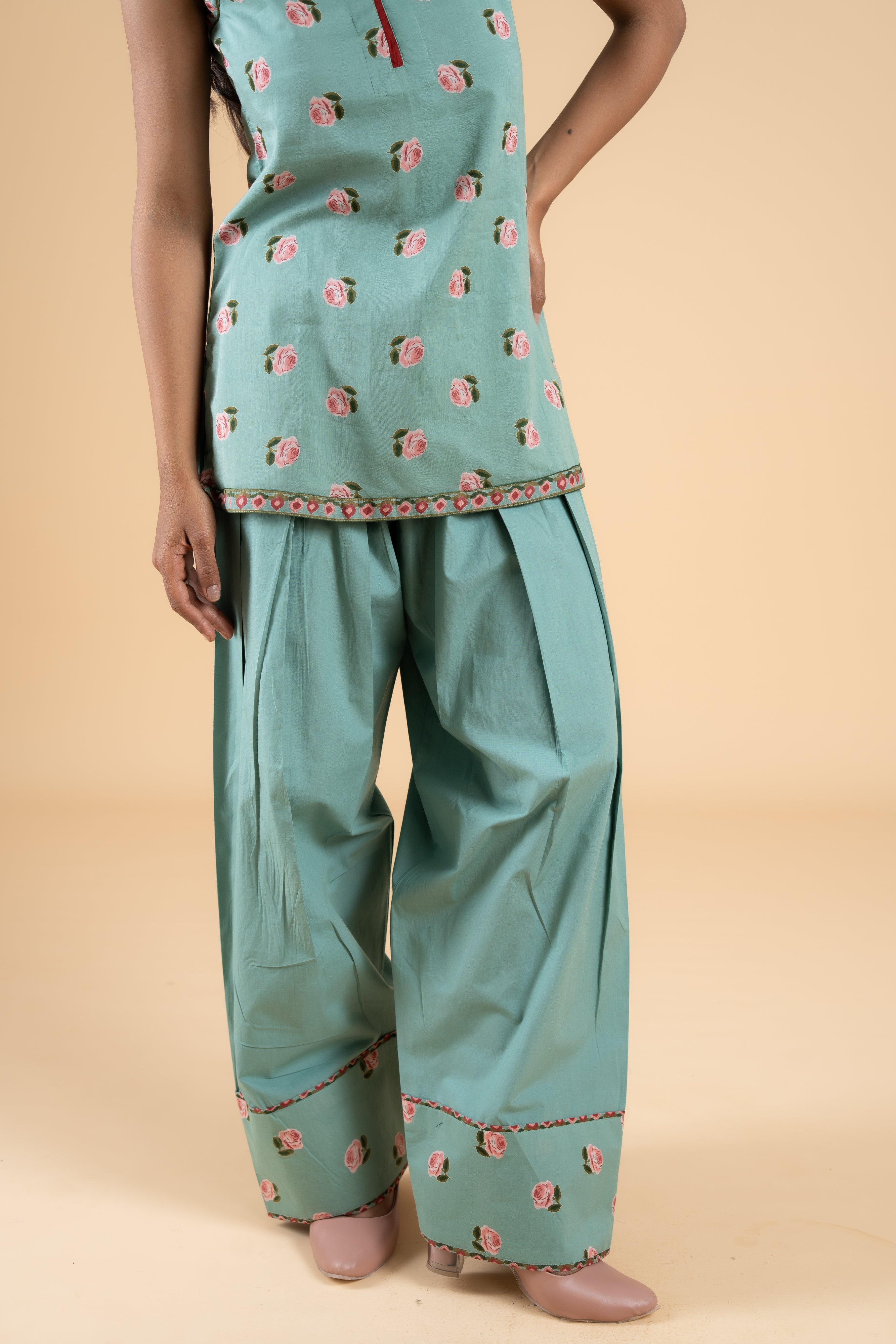 SAGE GREEN ROOH KURTA WITH FARSI SALWAR  SET OF 2