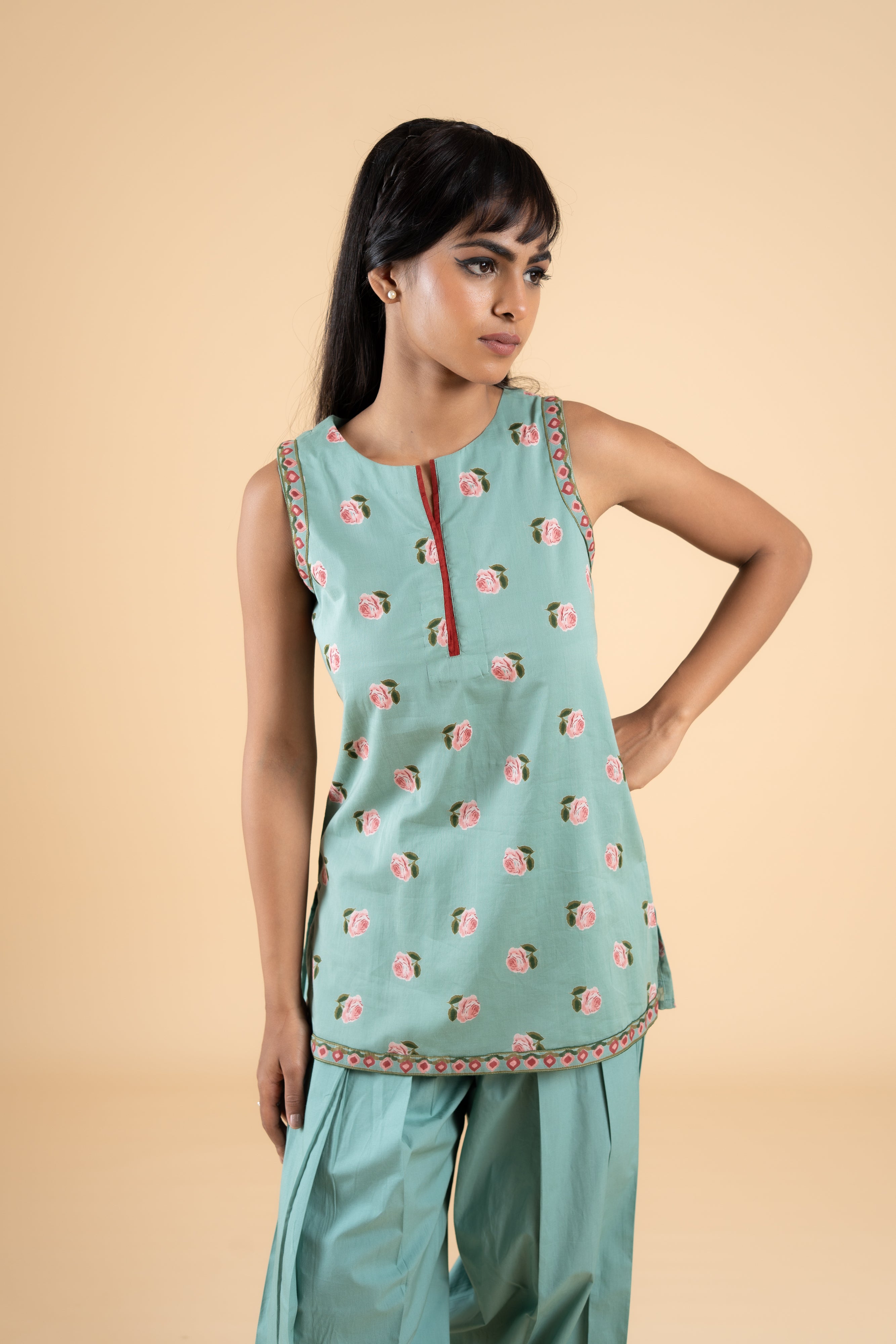 SAGE GREEN ROOH KURTA WITH FARSI SALWAR  SET OF 2