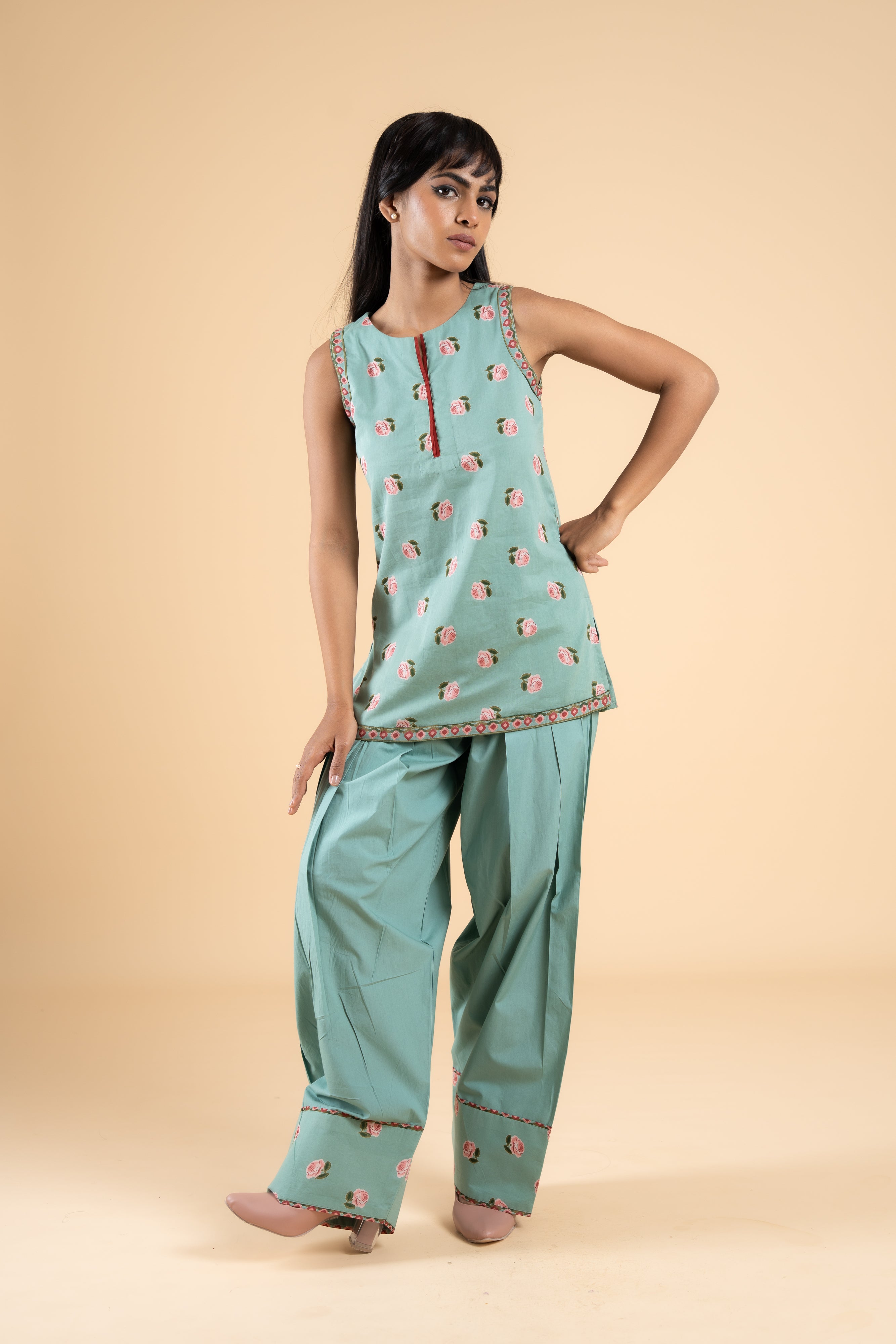 SAGE GREEN ROOH KURTA WITH FARSI SALWAR  SET OF 2