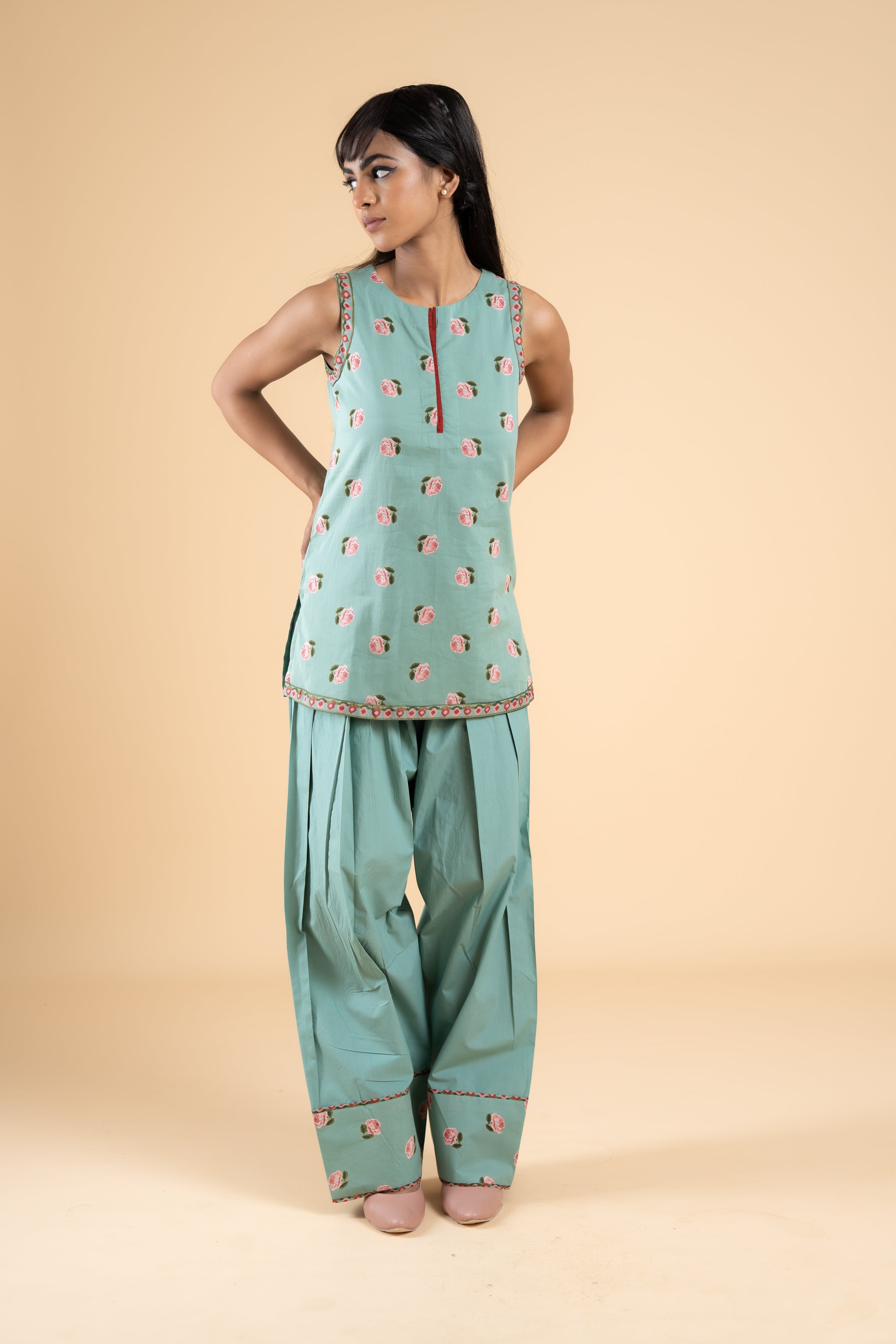 SAGE GREEN ROOH KURTA WITH FARSI SALWAR  SET OF 2