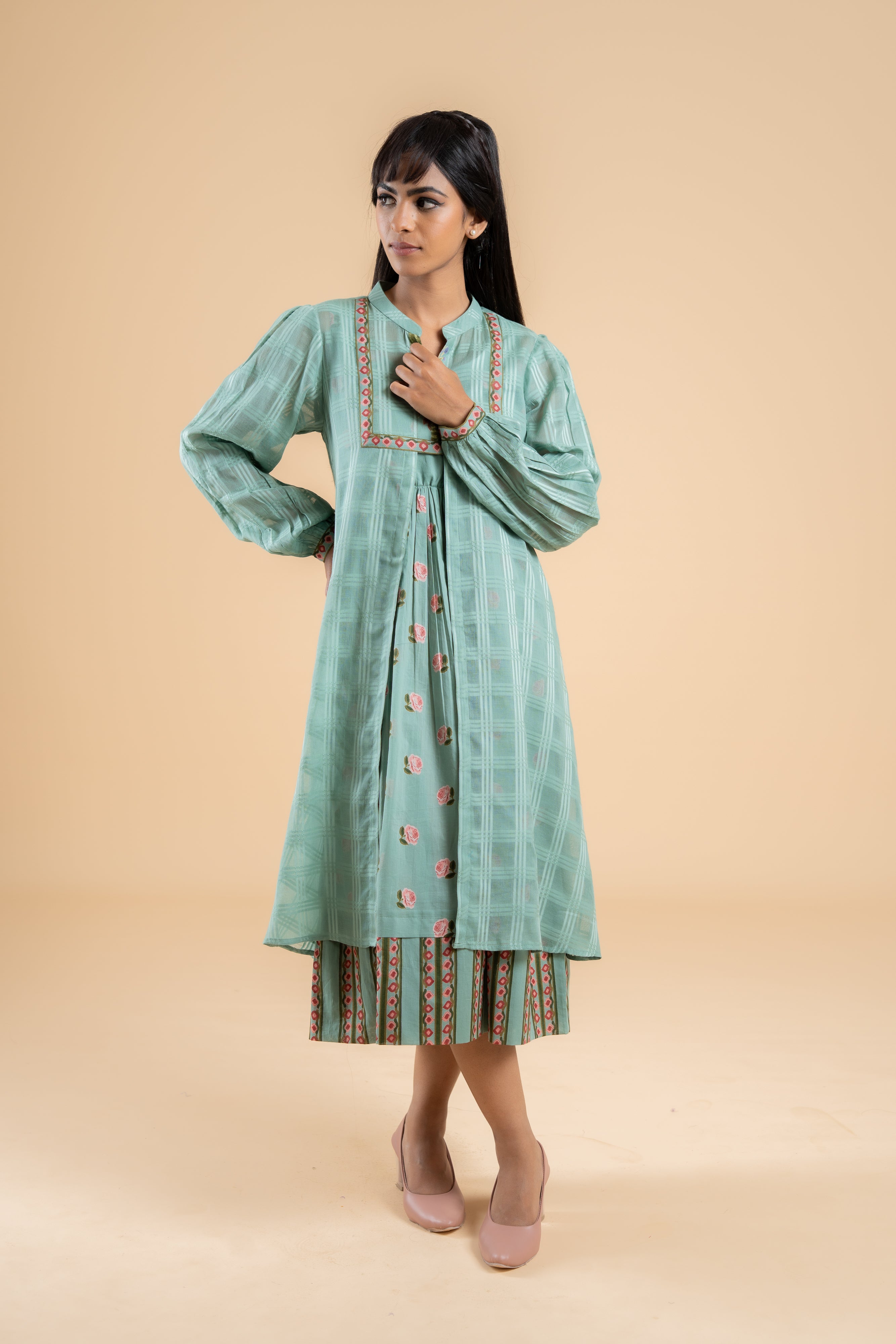 SAGE GREEN PANKHUDI  DRESS WITH JACKET SET OF 2