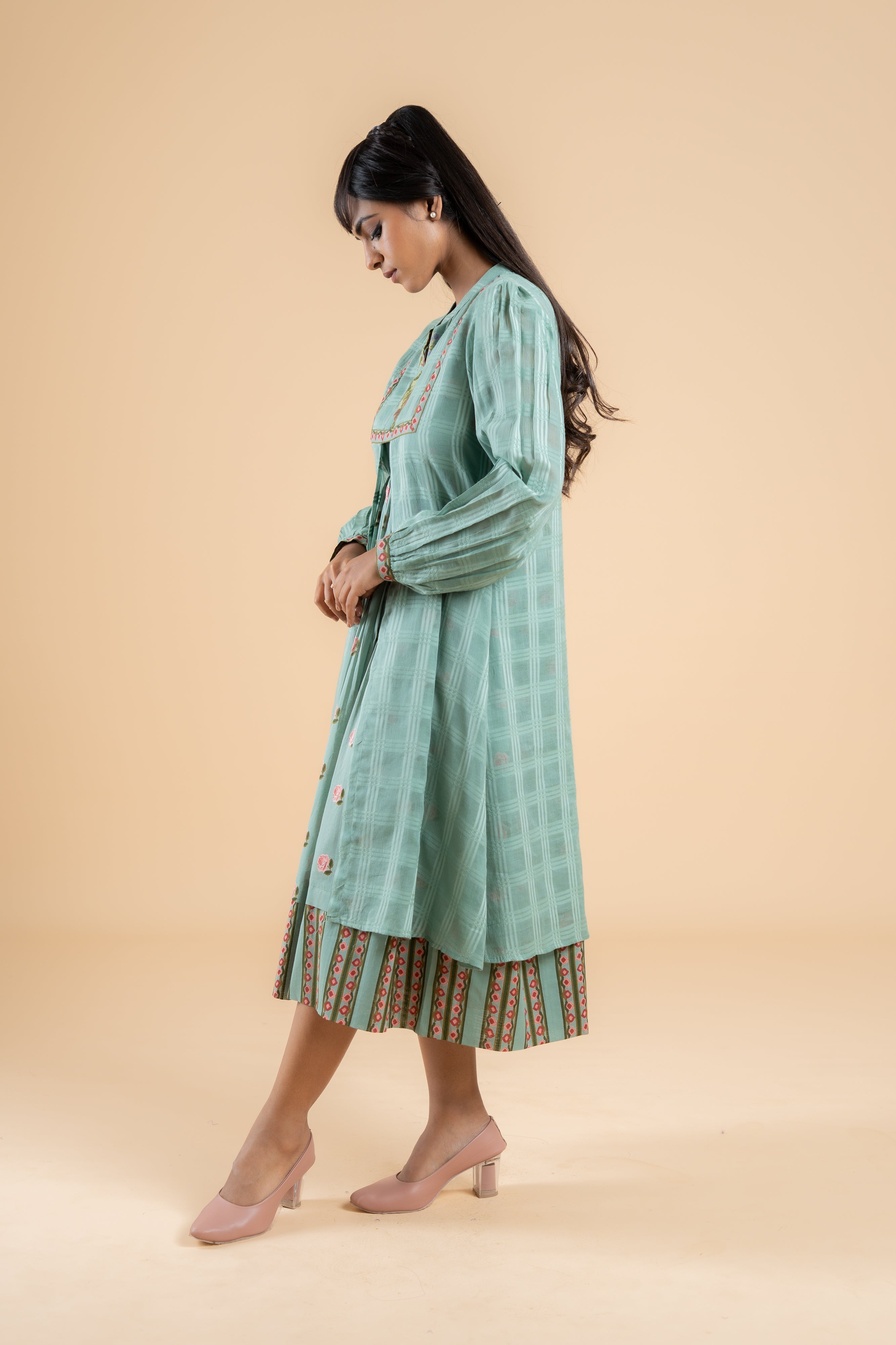 SAGE GREEN PANKHUDI  DRESS WITH JACKET SET OF 2