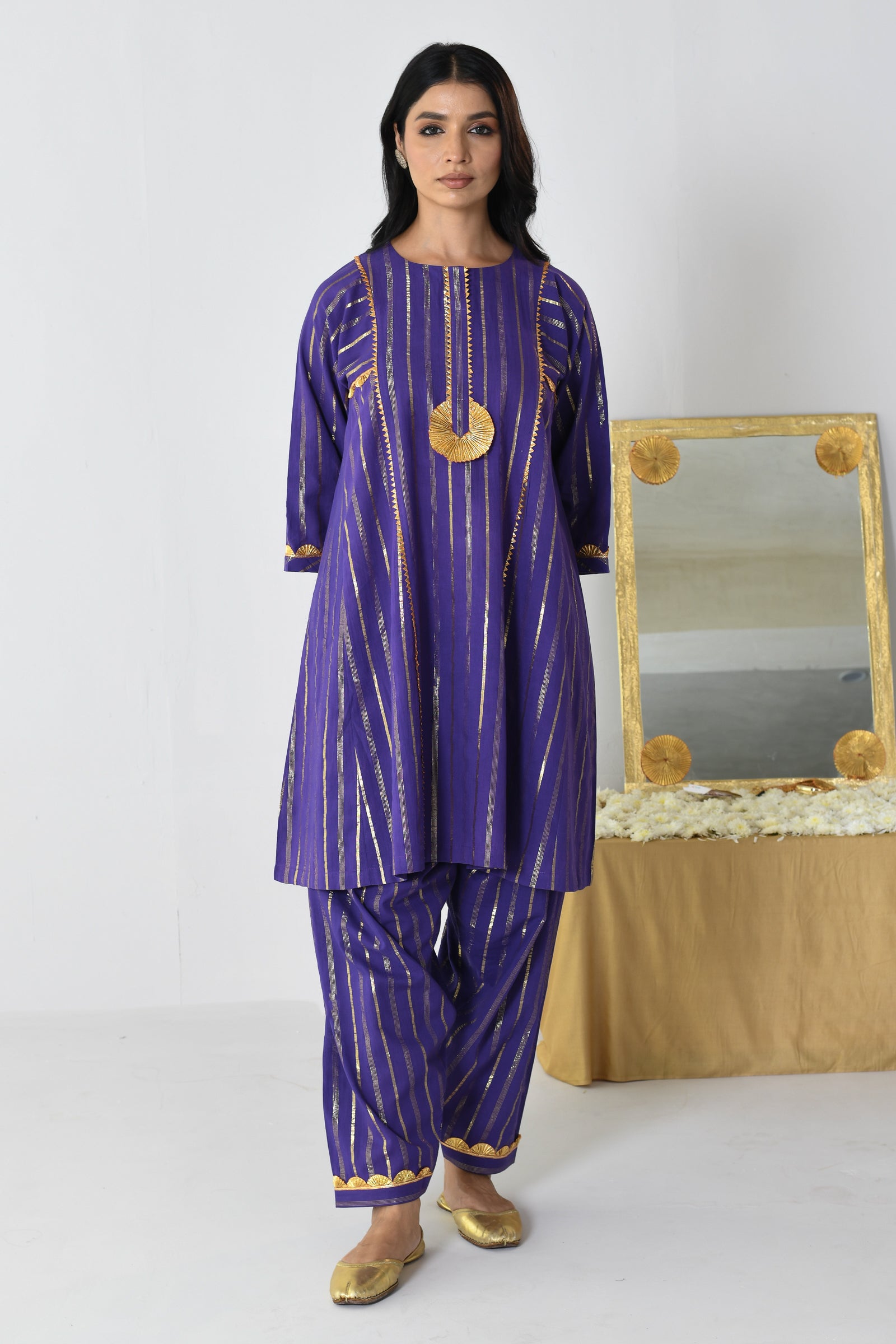 Raatrani Purple Lurex Round Neck A-line Kurta Set