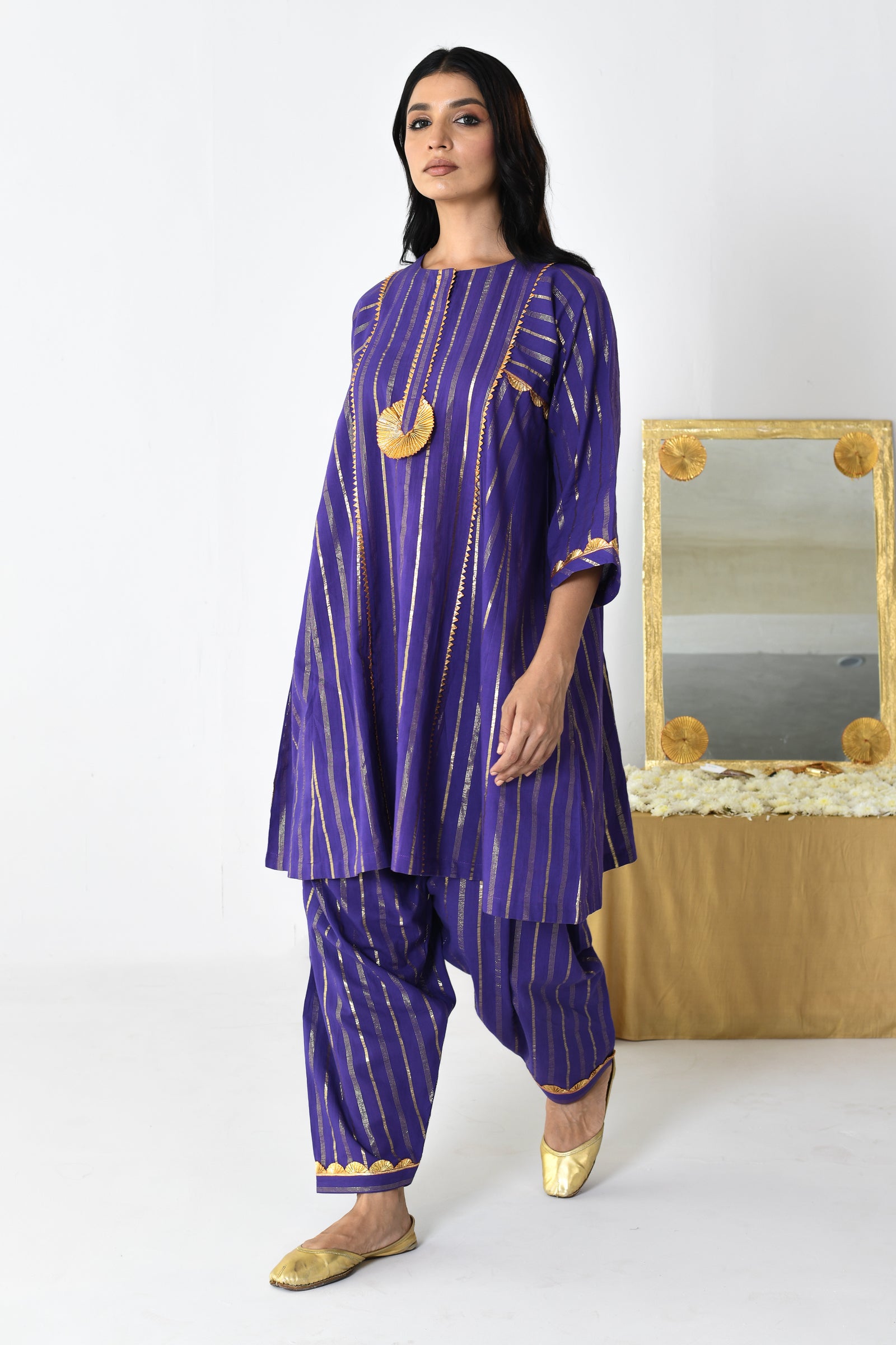 Raatrani Purple Lurex Round Neck A-line Kurta Set