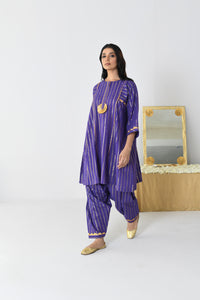 Raatrani Purple Lurex Round Neck A-line Kurta Set